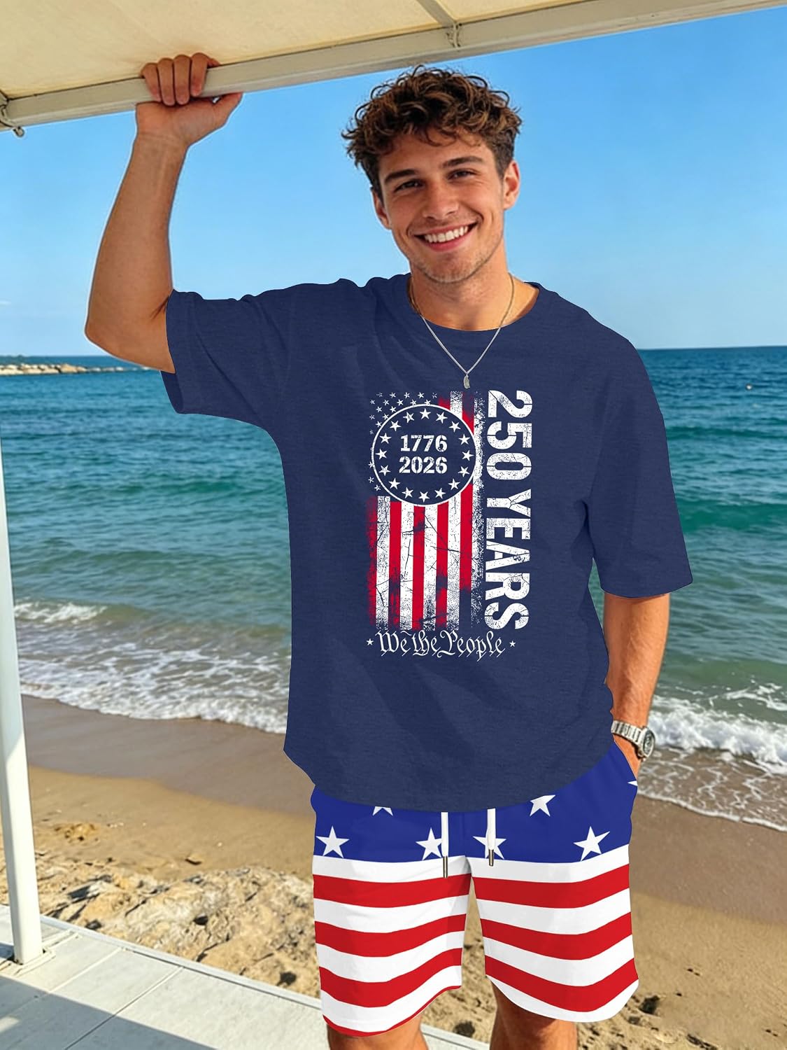 Ithalt Patriotic Shirts for Men 4th of July Outfit 2 Piece Set Short Sleeve and Shorts American Flag 250th Anniversary