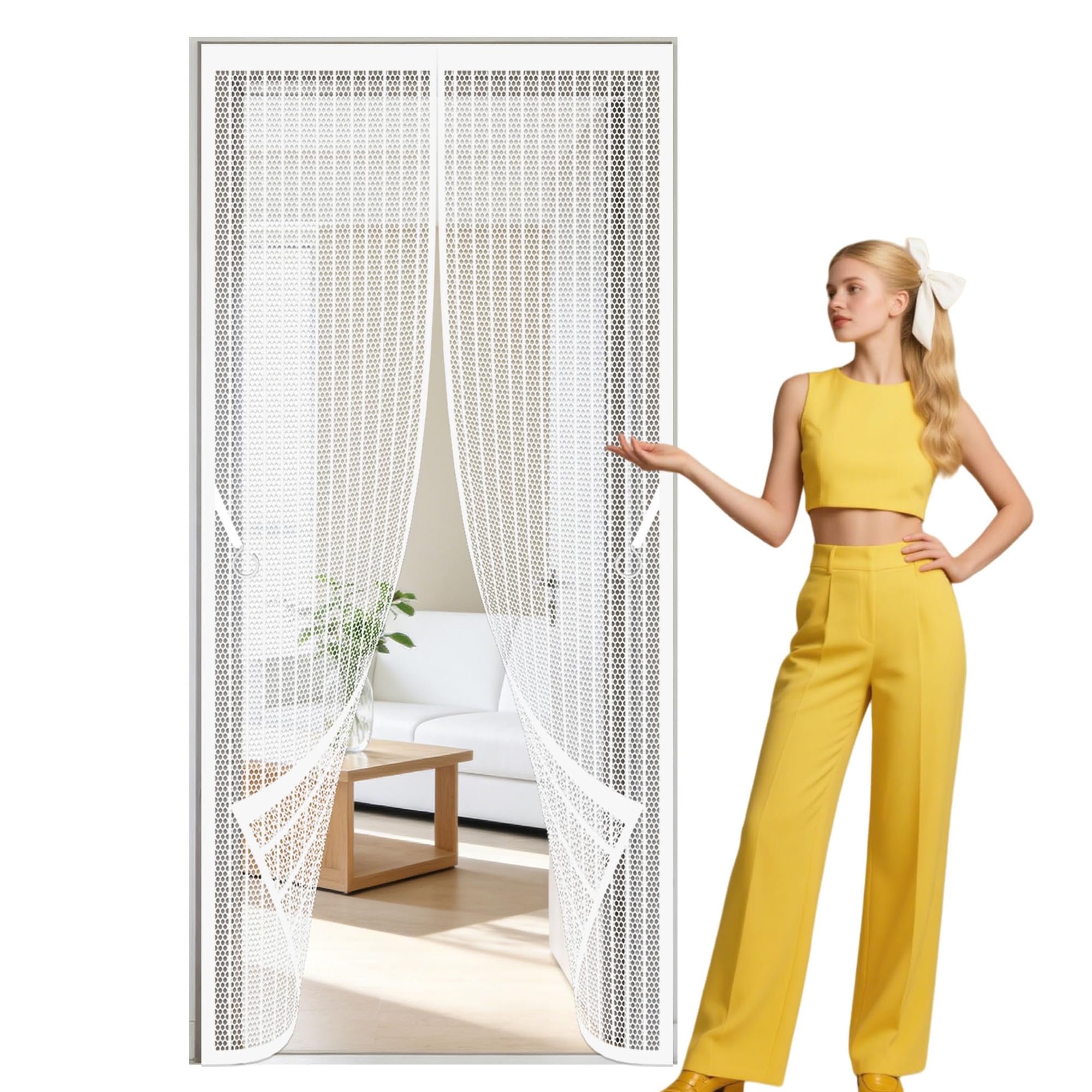 Magnetic Door Screen 90 x 243 cm Self Sealing, Hands Free Insect Protection Screen Powerful Magnets and Full Frame Magic Tape for Living Room, Bedroom, Patio, White