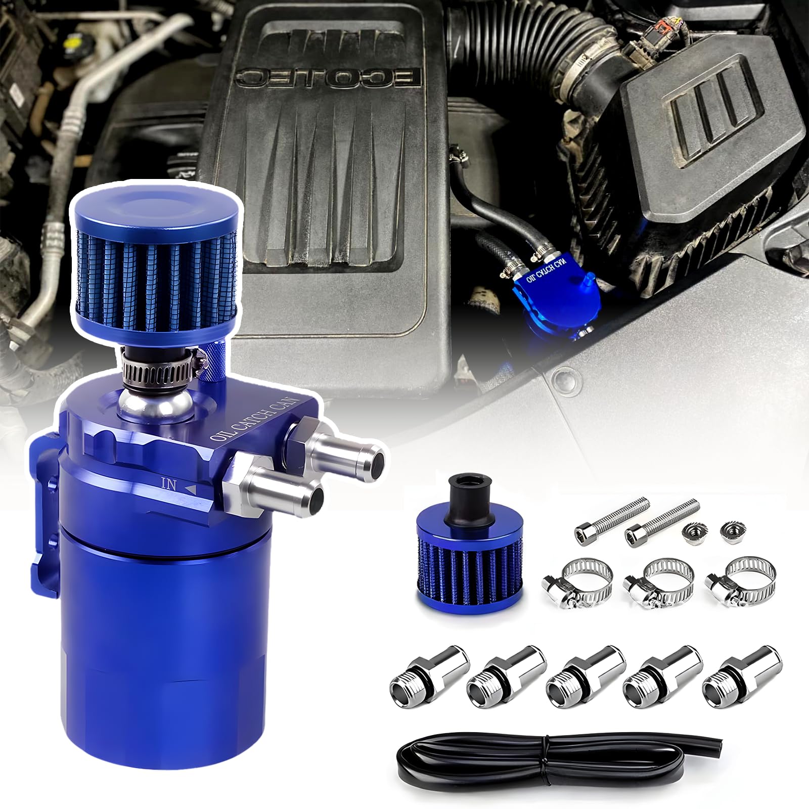 Decanter Vapori Olio + Oil Catch Can Serbatoio Universale per 300 Ml In Alluminio Lucido con Deflettore Kit di S O Nero Auto