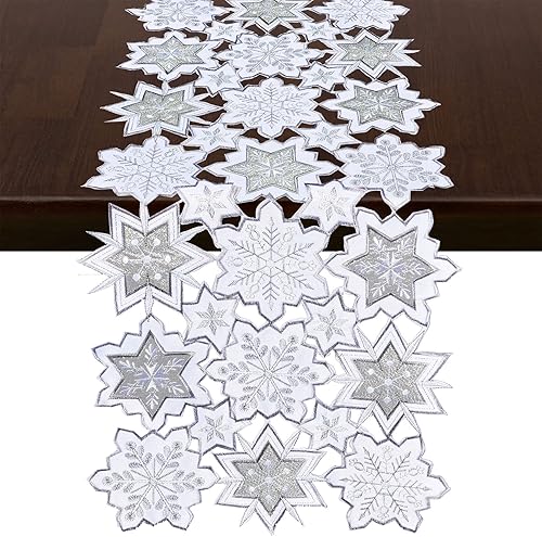 Grelucgo Camino de mesa bordado de copos de nieve gris y blanco para Navidad o invierno (13.5 x 108 pulgadas)