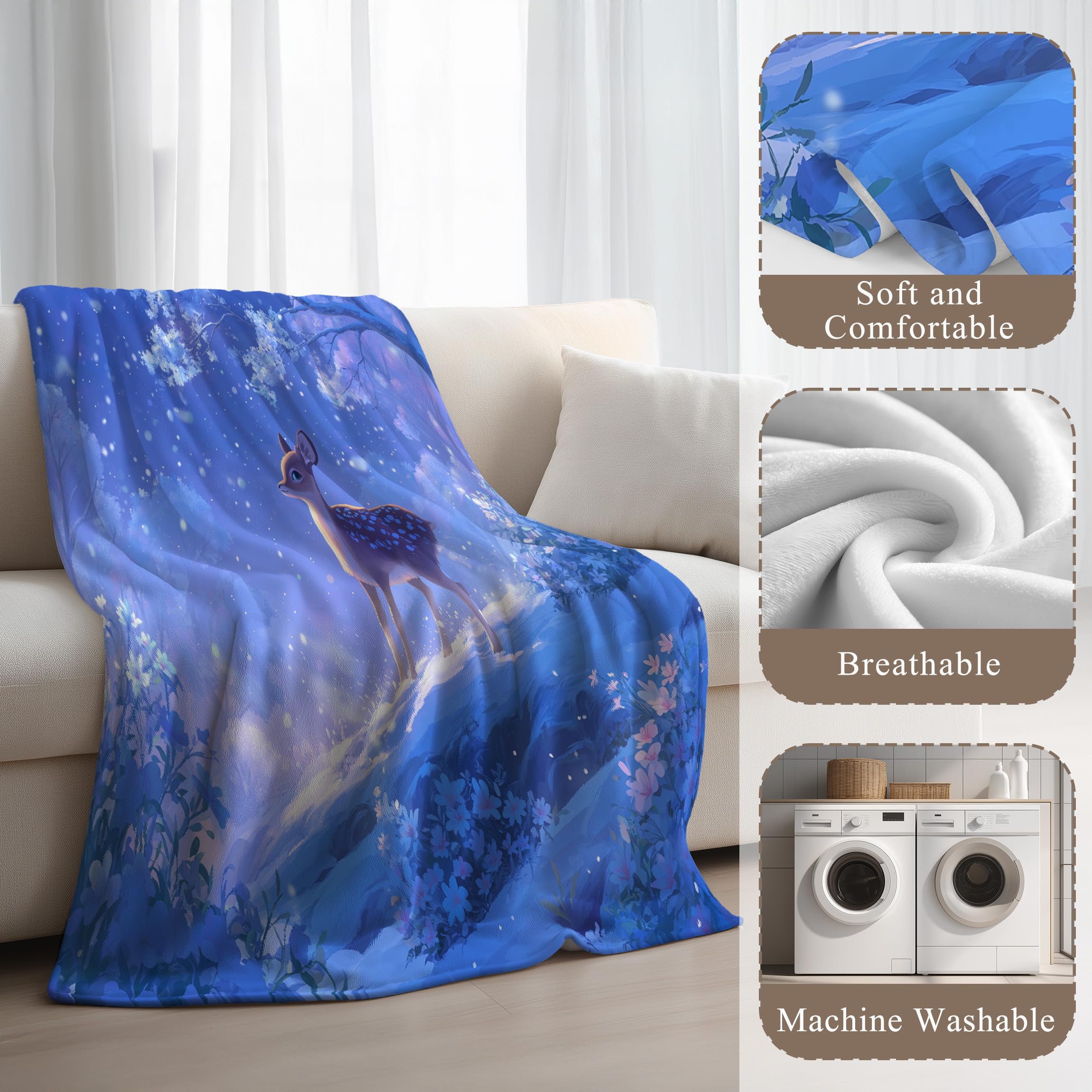 Genérico Lodowy niebieski miękki puszysty koc, flanelowy ciepły koc polarowy z nadrukiem, anime marzony jeleń gruby przytulny lekki koc na łóżko sofa krzesło 220 x 270 cm