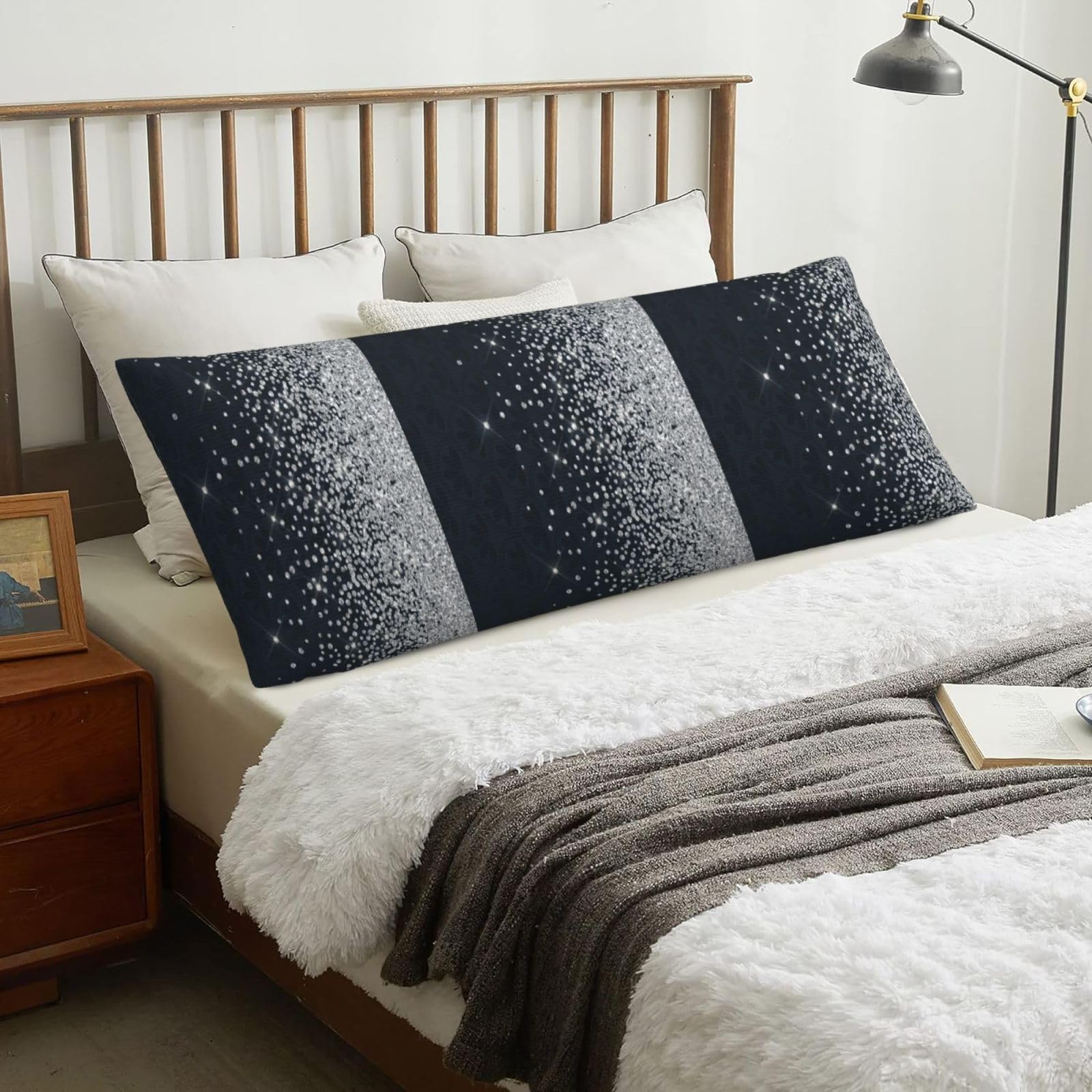 Black Silver Glitter Diamond Sparkly, Body Pillow Cover with Zipper,Long Body Pillowcase 20 x 60 in