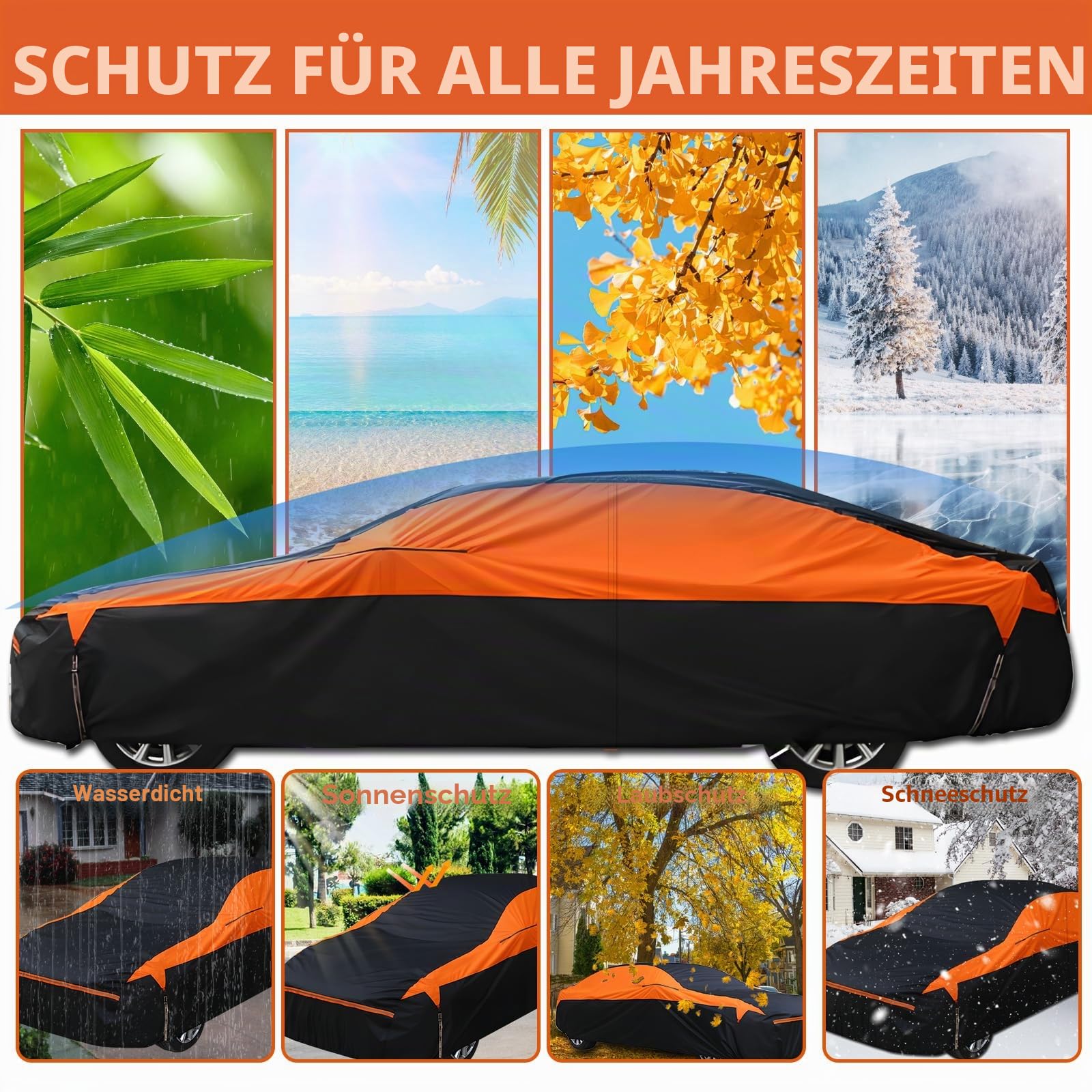 wasserdichte Vollgarage für das Auto, 6 Schichten universelle Outdoor Autoabdeckung mit Baumwollfutter und Reißverschluss, Regen, Schnee, UV, Staub, Allwetterschutz, atmungsaktiv