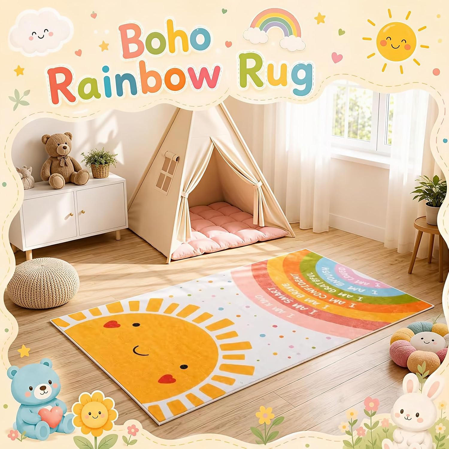 Tinideya 5 x 3 ft Rainbow Rectangle Nursery Rug Boho Washable Non-Slip Positive Words Rectangle Sun Rug for Playroom Soft Colorful Nursery Mat for Calming Corner Classroom Home Bedroom Reading Decor