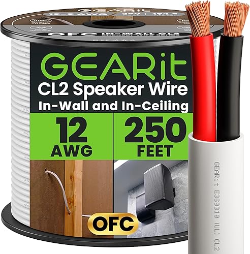 GearIT 12/2 Speaker Wire (250 Feet) 12AWG Gauge - in Wall Audio Speaker Wire Cable / CL2 Rated / 2 Conductors - OFC Oxygen-Free Copper, White 250ft