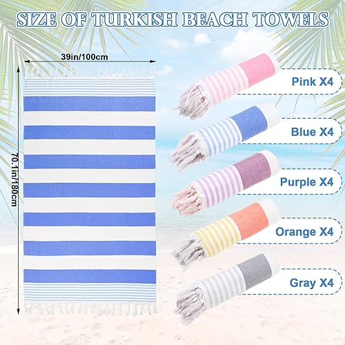 Miniatura 4 de Mepase Paquete de 20 toallas de playa turcas de 39 x 71 pulgadas, de algodón, sin arena, ligeras, de secado rápido, con flecos, para playa, piscina,
