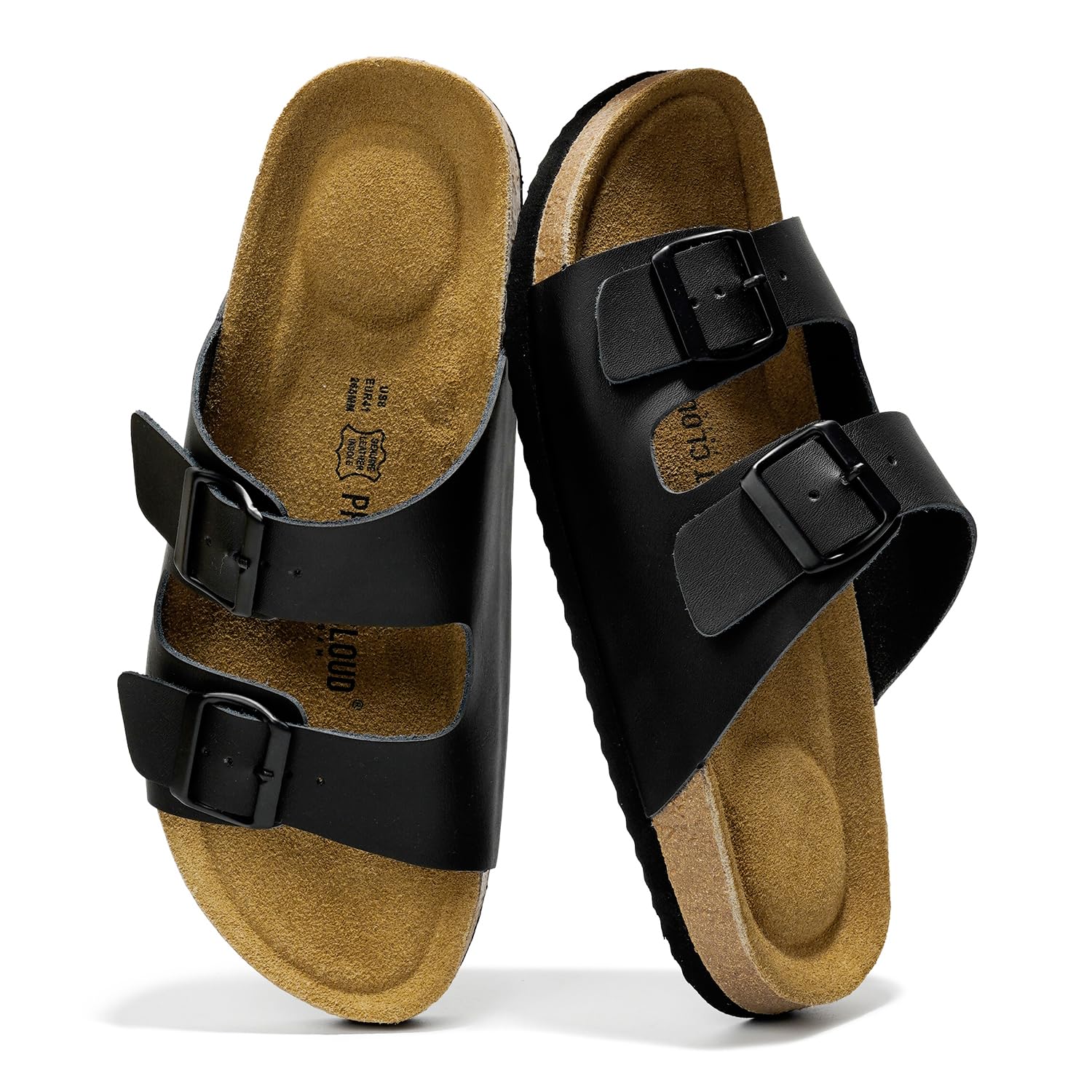 Project CloudGenuine Leather Mens Sandals with Memory Foam Natural Cork  Footbed Slides for Men Footwear Non-Slip Double-Strap Buckle Summer  Sandals