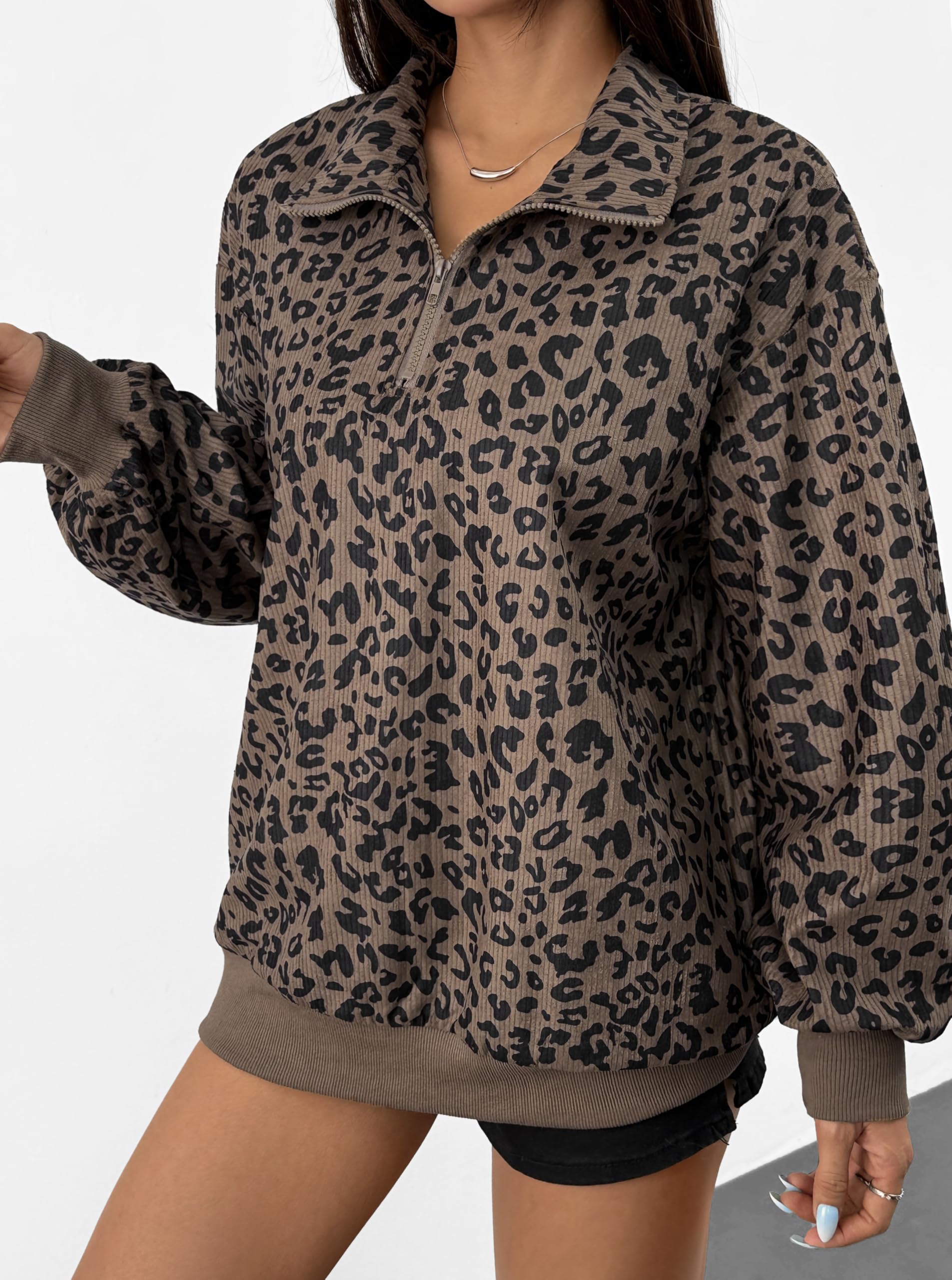 Hilinker Damen-Sweatshirt mit Gepardenmuster, Übergröße, halber Reißverschluss, Cord, langärmelig