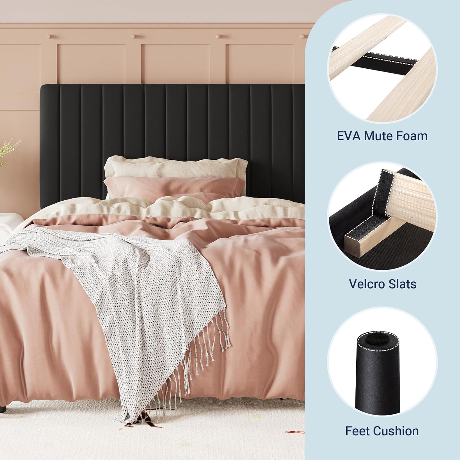 Allewie Twin Bed Frame, Velvet Upholstered Platform Bed with Adjustable Vertical Channel Tufted Headboard, Mattress Foundation with Strong Wooden Slats, Box Spring Optional, Easy Assembly, Black