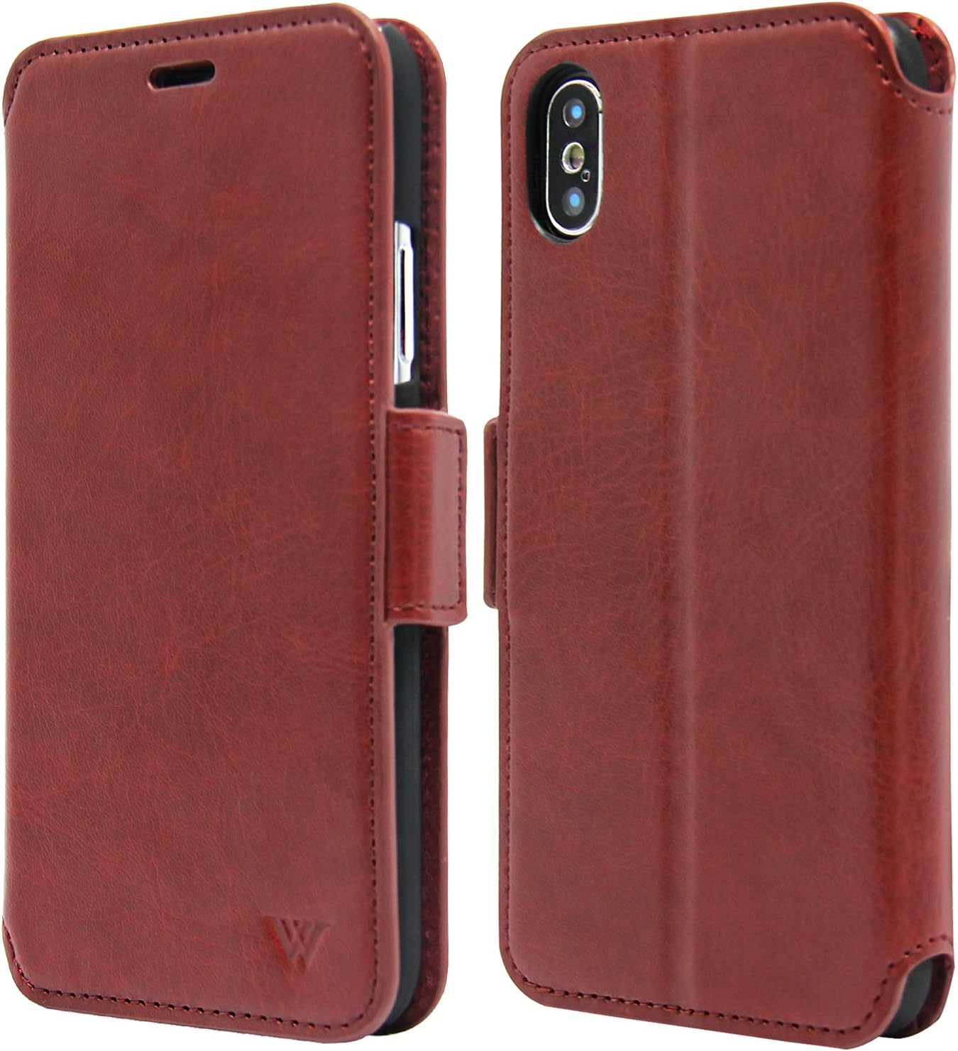 iPhone X Case Brown Premium Genuine Vegan Ultra Slim Leather Cover With Folio Card Holder Wallet & Flip Stand