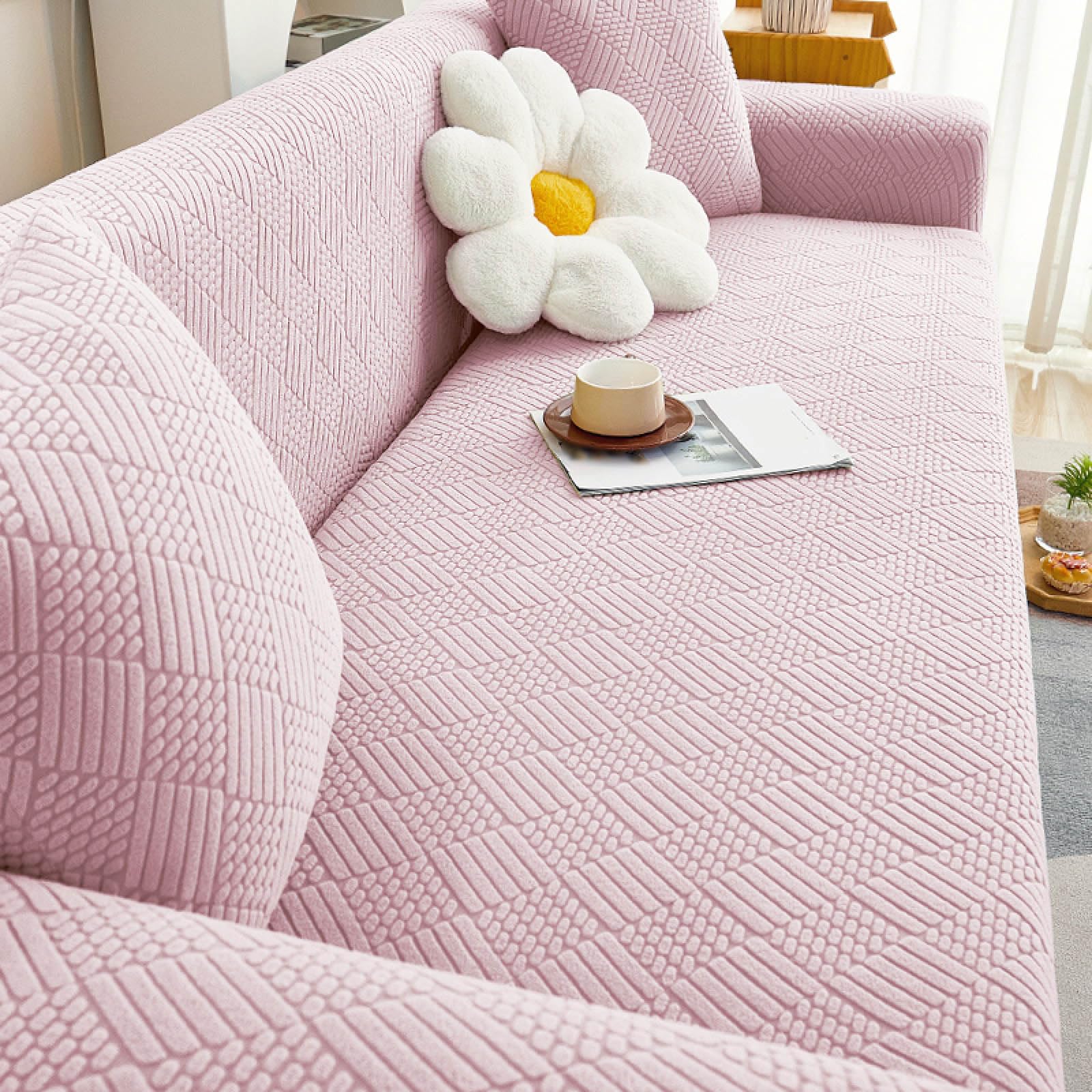 Stretch Sofa Slipcover, Universal Couch Cover Non Slip Soft Sofa Cover with Elastic Bottom, Dog Cat Pets Friendly Washable Furniture Protector for 3 Cushion Couch (M(2 Seater 145-185cm), Pink1)