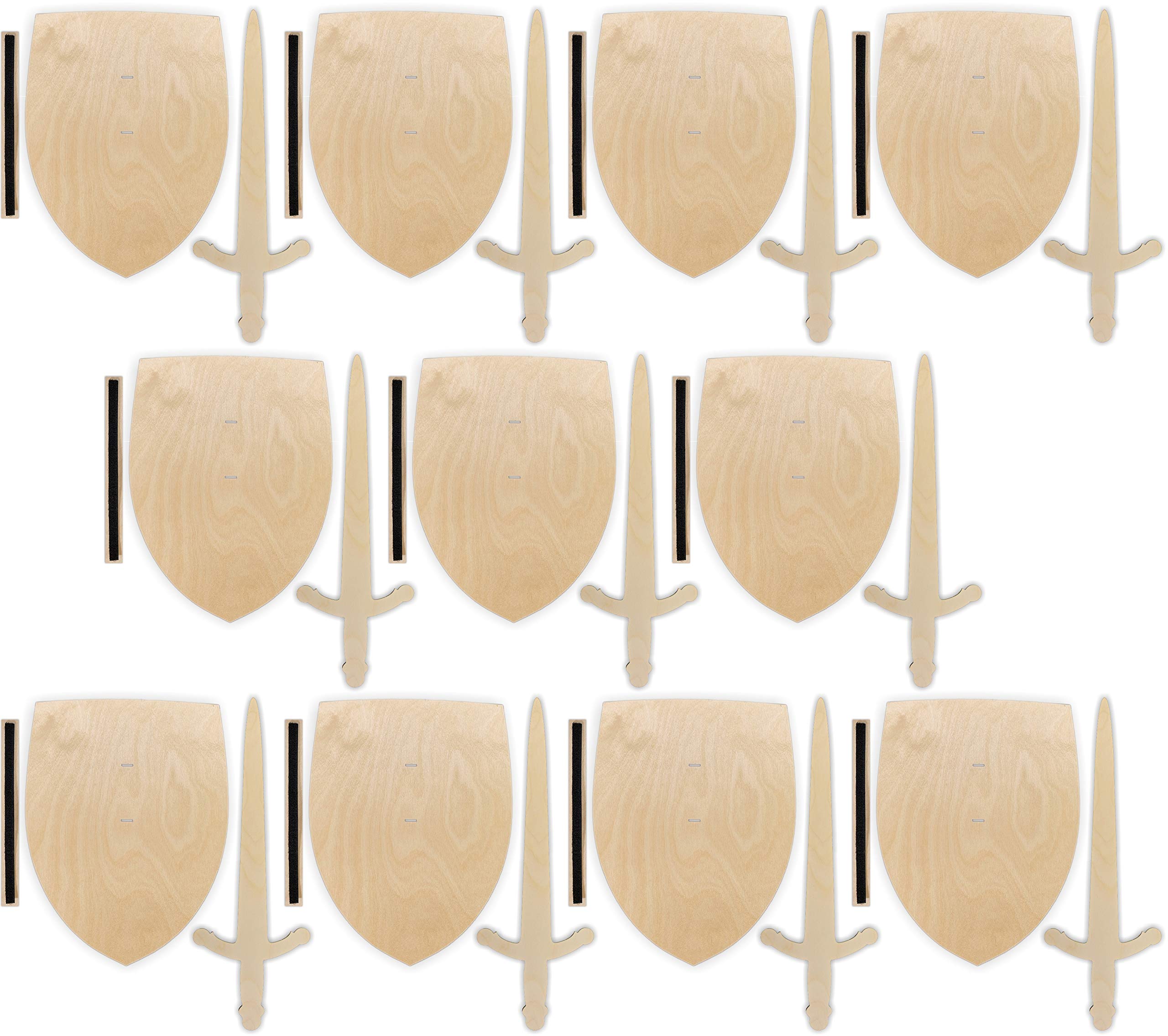 Herr Bo & Co 10x Ritterschild und Ritterschwert als Set unbehandeltem 3mm Birkensperrholz, inkl. Halteschlaufe aus hochwertigem doppelseitigem Klettband, FSC-Zertifiziert, Made in Germany