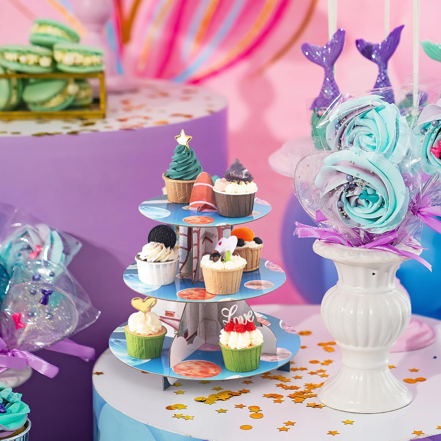3Tier Rocket Space Station Cupcake Stand, Outer Space Birthday Party Cardboard Cake Stand Decorations, Galaxy Style Dessert Cupcake Display, Kids Space Theme Baby Shower image 5