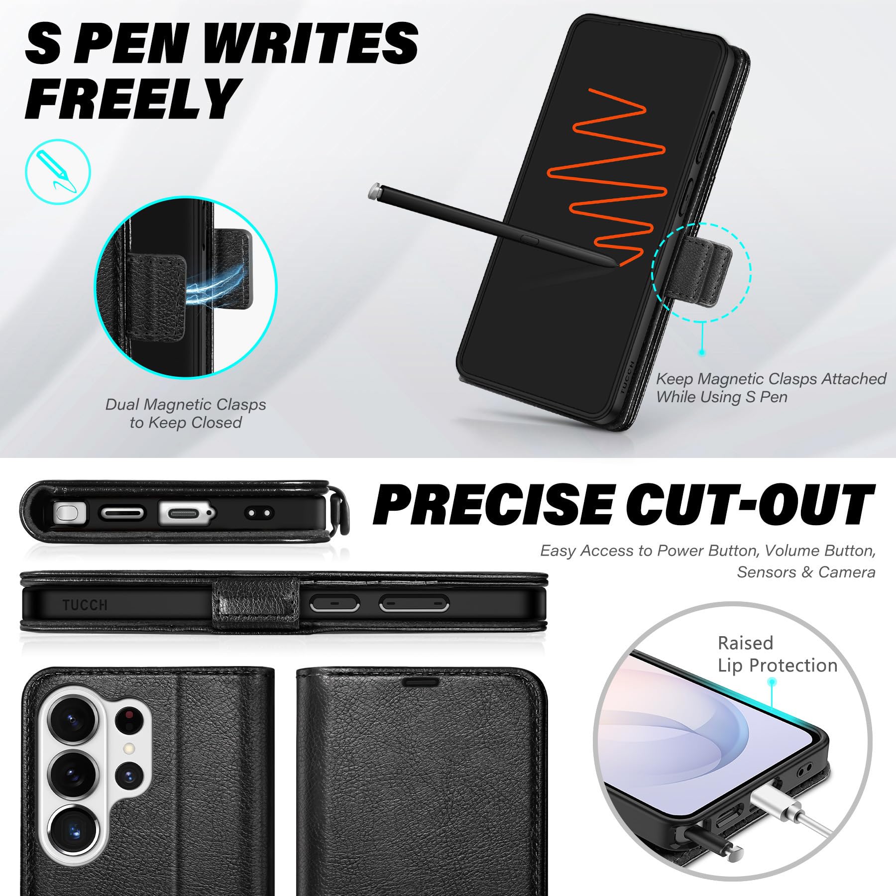 TUCCH Cover per Galaxy S26 Ultra 5G, Custodia Pelle Sintetica Portafoglio Blocco RFID Slot Porta Carte Supporto Magnetico TPU Protezione Completa per Galaxy S26 Ultra (6,9" 2026), Nero Testurizzato
