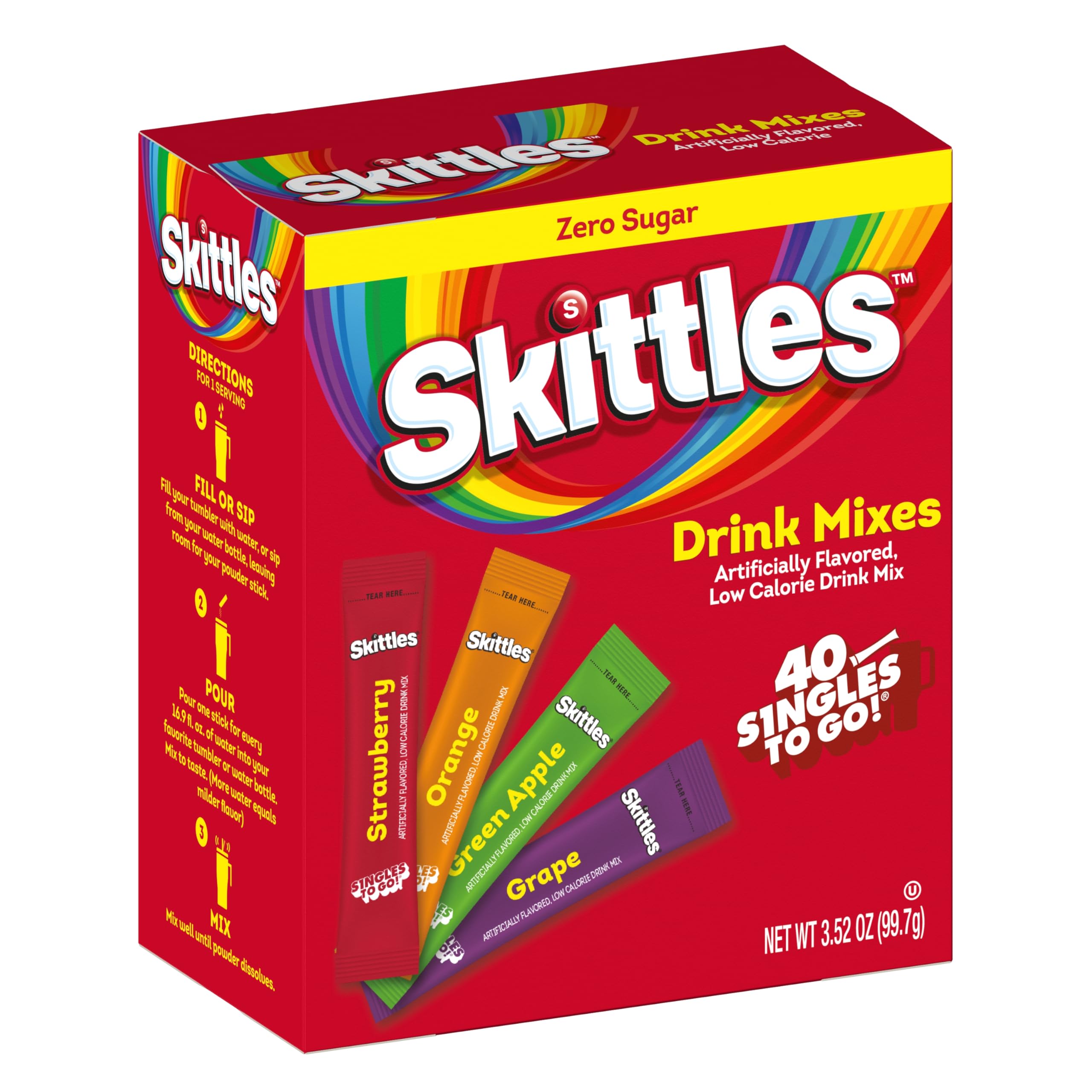 Skittles Singles To Go Variety Pack, Watertok Powdered Drink Mix, Zero Sugar, Low Calorie, Includes 4 Flavors: Green Apple, Strawberry, Grape, Orange, 1 Box (40 Single Servings)