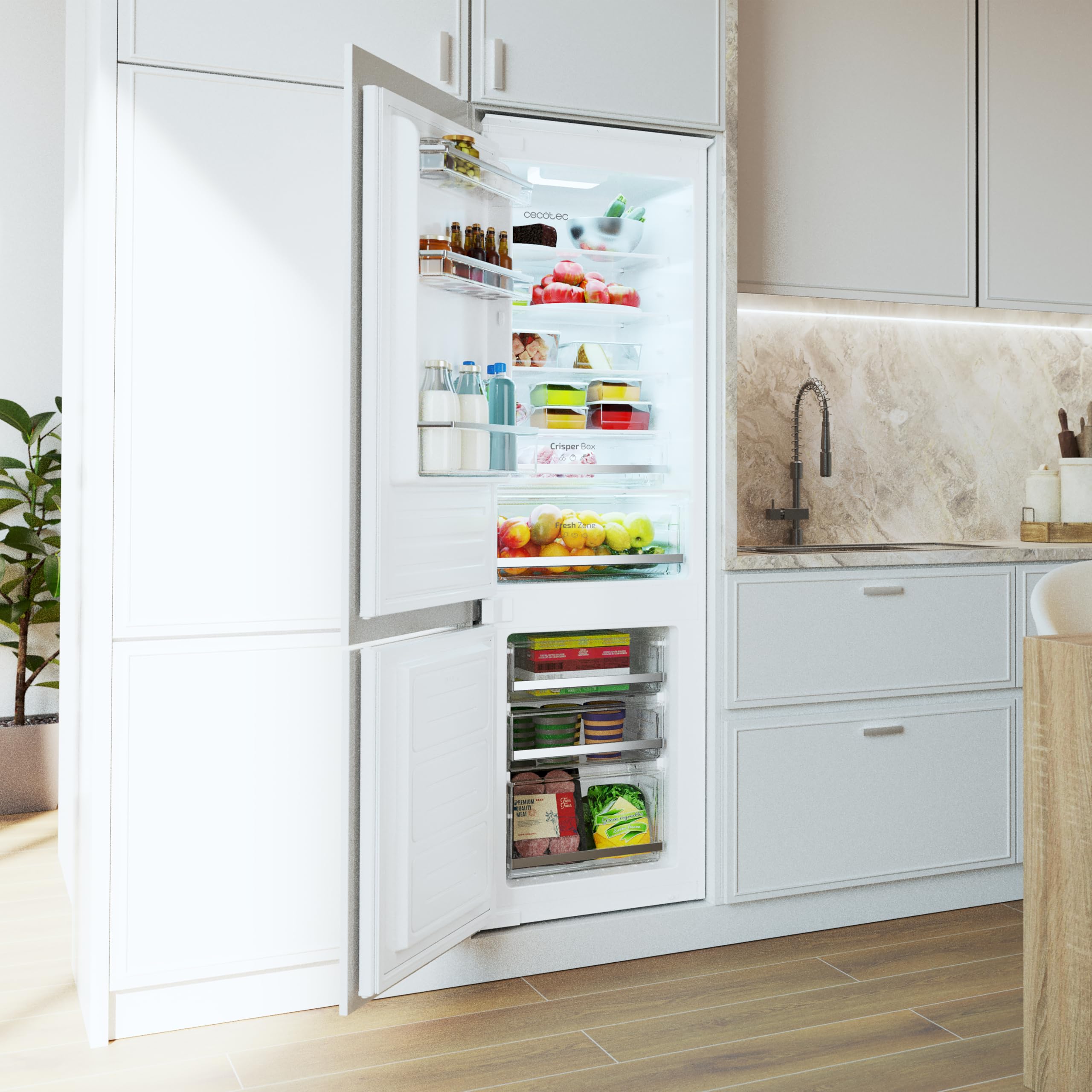 Cecotec Refrigerateur Congelateur Combiné Bolero CoolMarket Combi BI-S DF 270 E. Réfrigérateur 270L, Defrost, porte coulissante, tiroirs, bac fruits et légumes, classe E