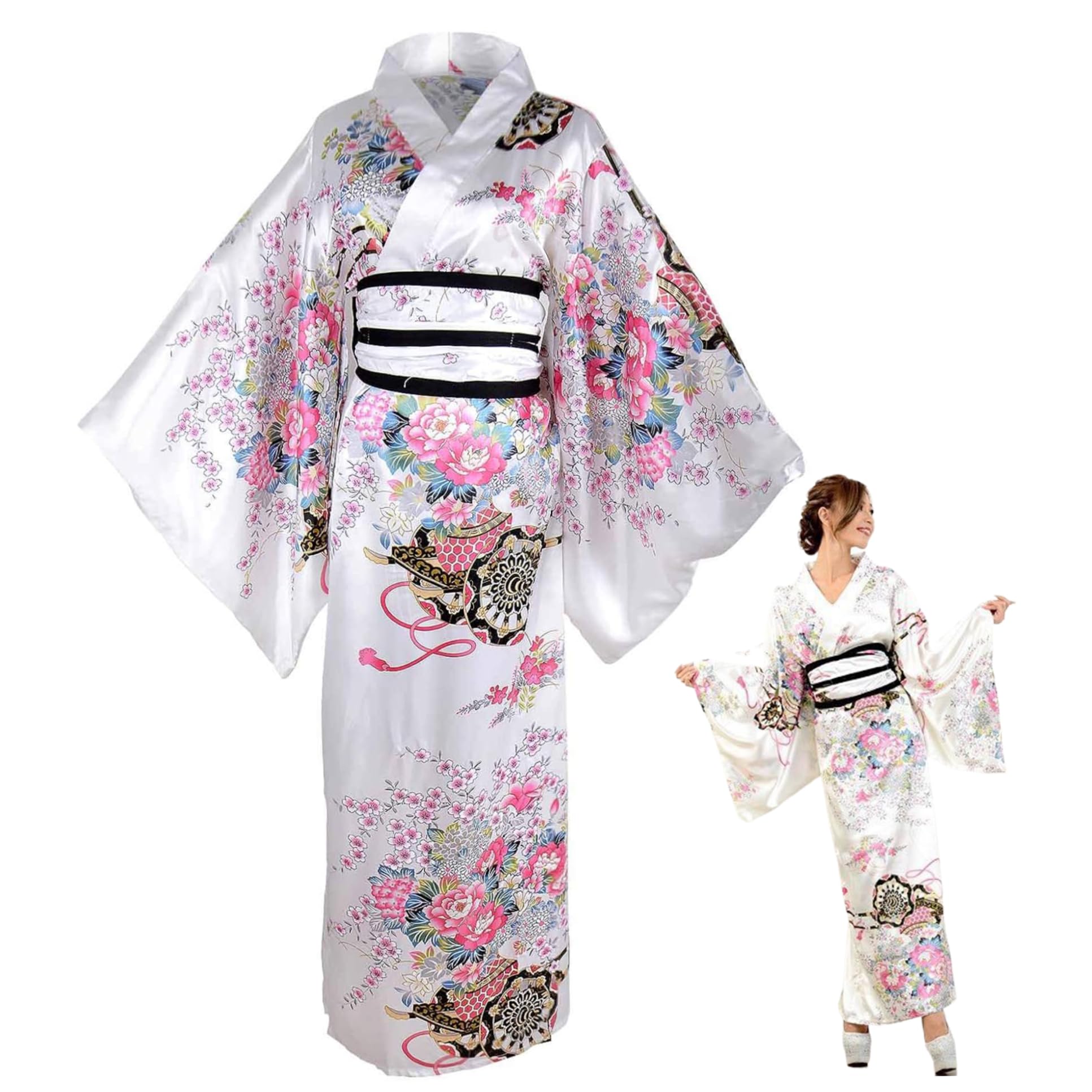 Yukata para Mujer, Kimono japonés con Estampado Floral, Sedoso, cómodo y Agradable para la Piel, con cinturón, Estilo Tradicional de Kioto, Ideal para Fiestas, Cosplay y Accesorios (Blanco).