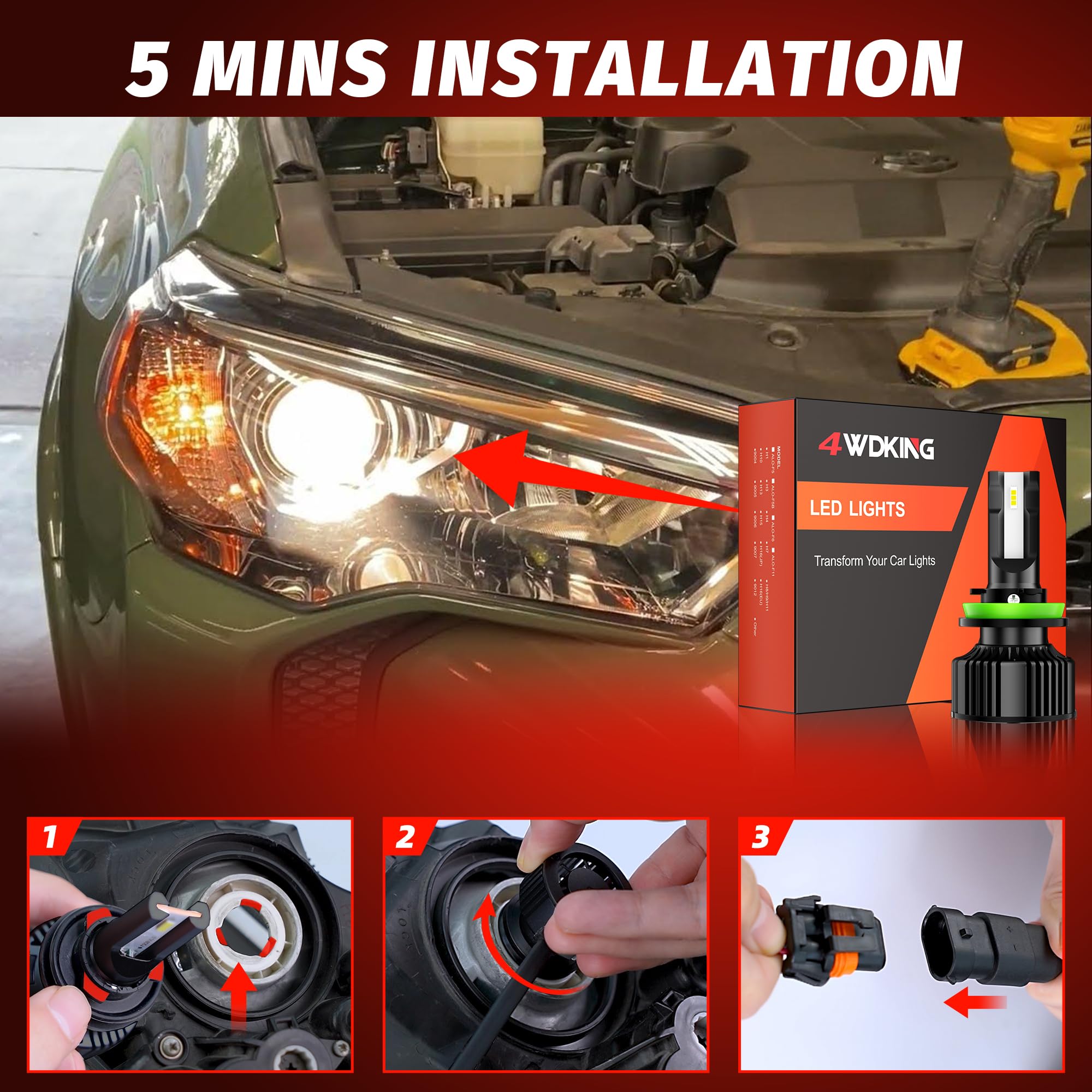 4WDKING H11 led light bulb 6500K 300 Brightness Upgraded led lights 12000 Lumens Plug and Play Non-polarity 2PCS — view 6