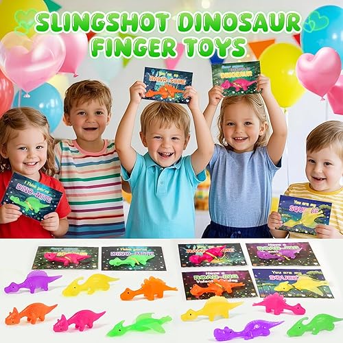 Miniatura 7 de Paquete de 30 tarjetas de San Valentín para niños en el aula con dedos de dinosaurio con tirachinas, juguetes divertidos y elásticos, figuras de