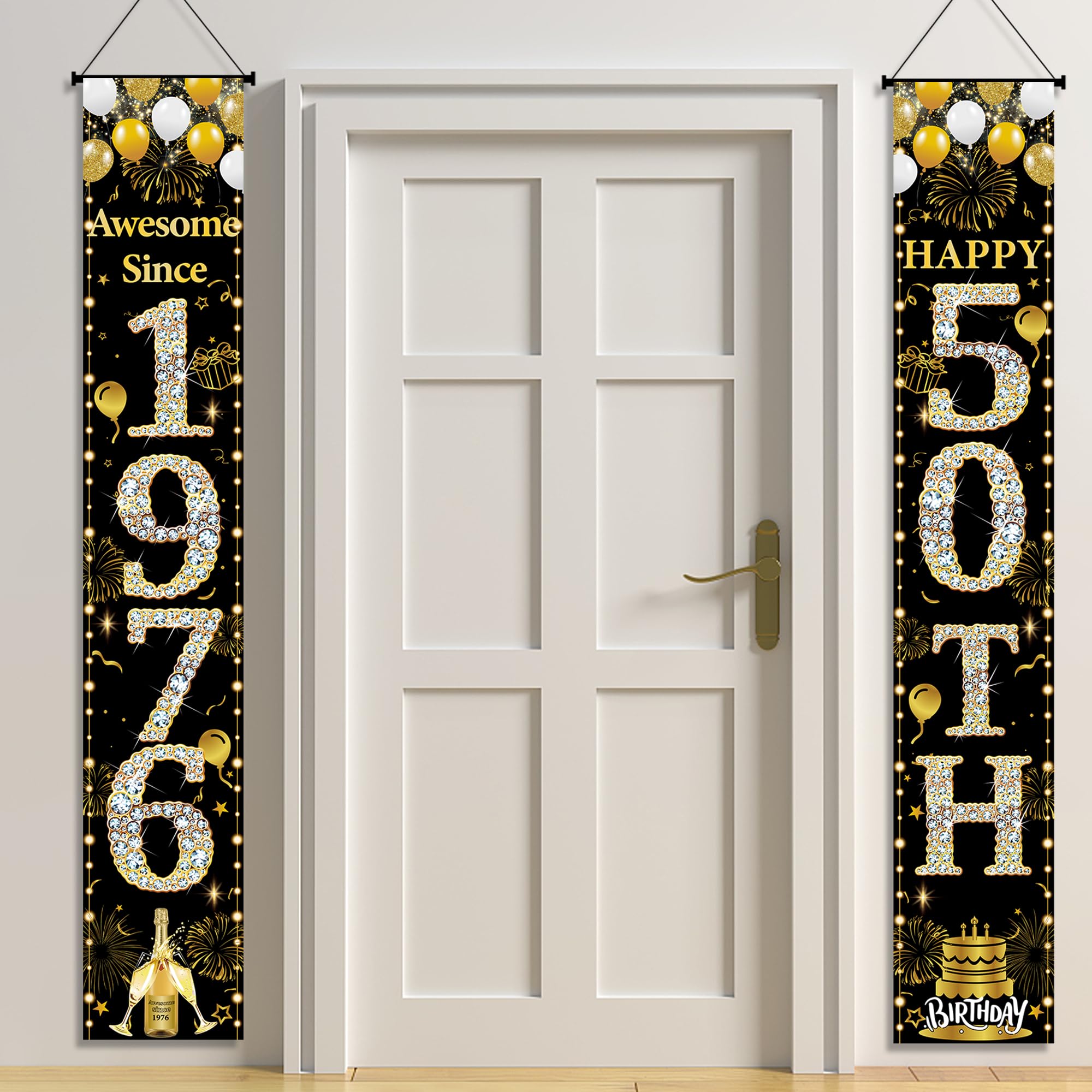 50th Birthday Decorations Door Banner - 2 Pcs Black and Gold Happy 50th Birthday Awesome Since 1976 Banners Door Porch Sign for 50 Years Old Men Women Party Backdrop Decor Supplies (5.9x0.9ft)