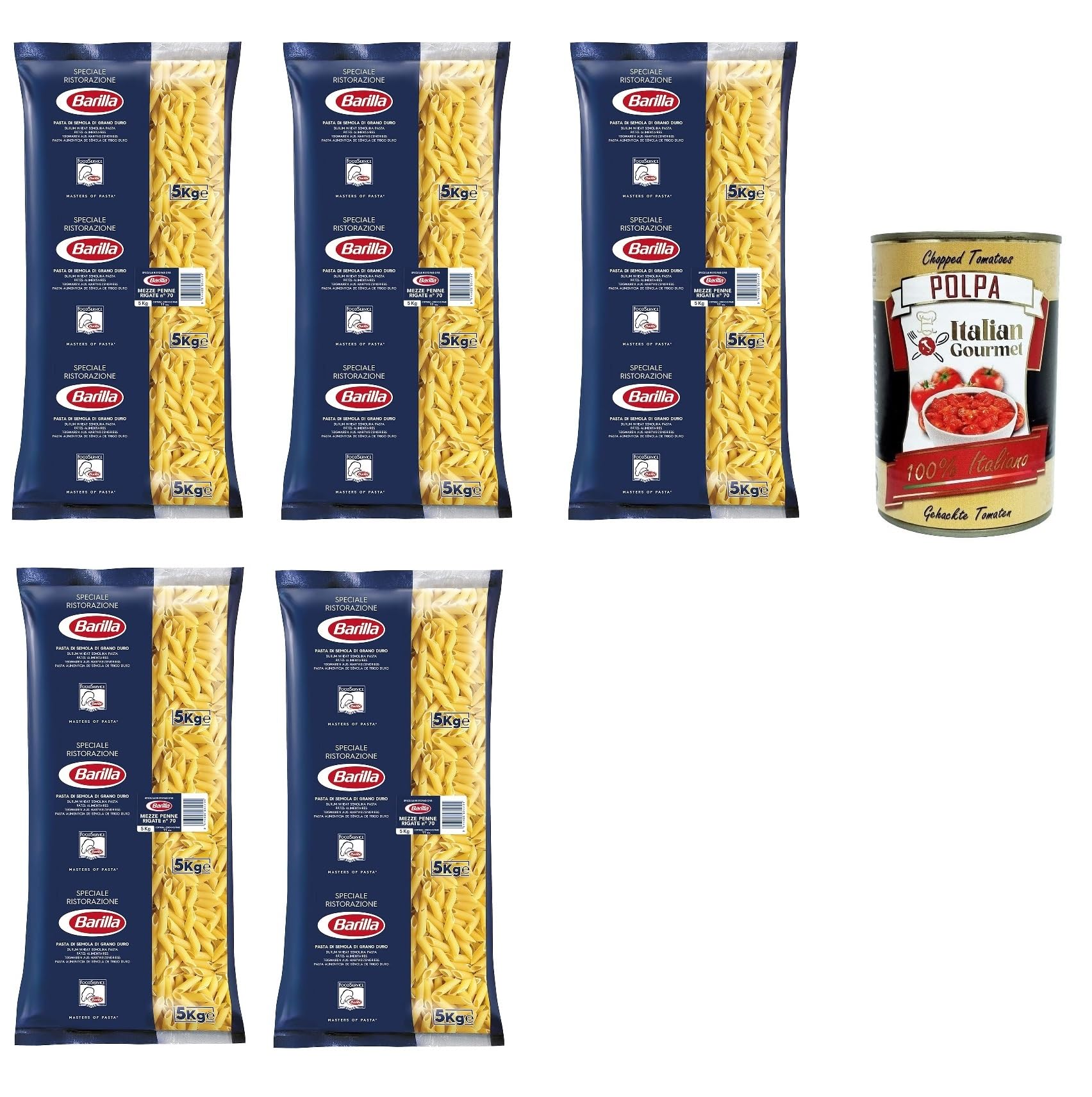Italian Gourmet Mezze Penne Rigate pasta Nudeln Ristorante Nr. 70 5 x 5kg | Tenuta al dente per sughi corposi, aus Hartweizengrieß, praktische, Gesamtnettogewicht 25 kg + Kostenlos Polpa 400g