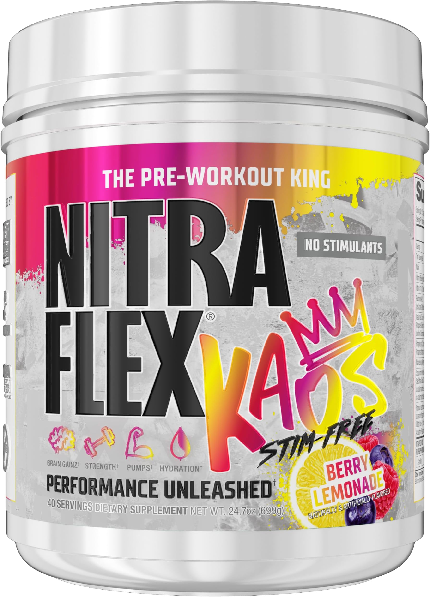 GAT SPORT NITRAFLEX® KAOS Stim-Free Pre-Workout Berry Lemonade, Nitric Oxide & Focus Matrix with Citrulline, Beta-Alanine, Creatine, cGMP Certified, 40 Servings