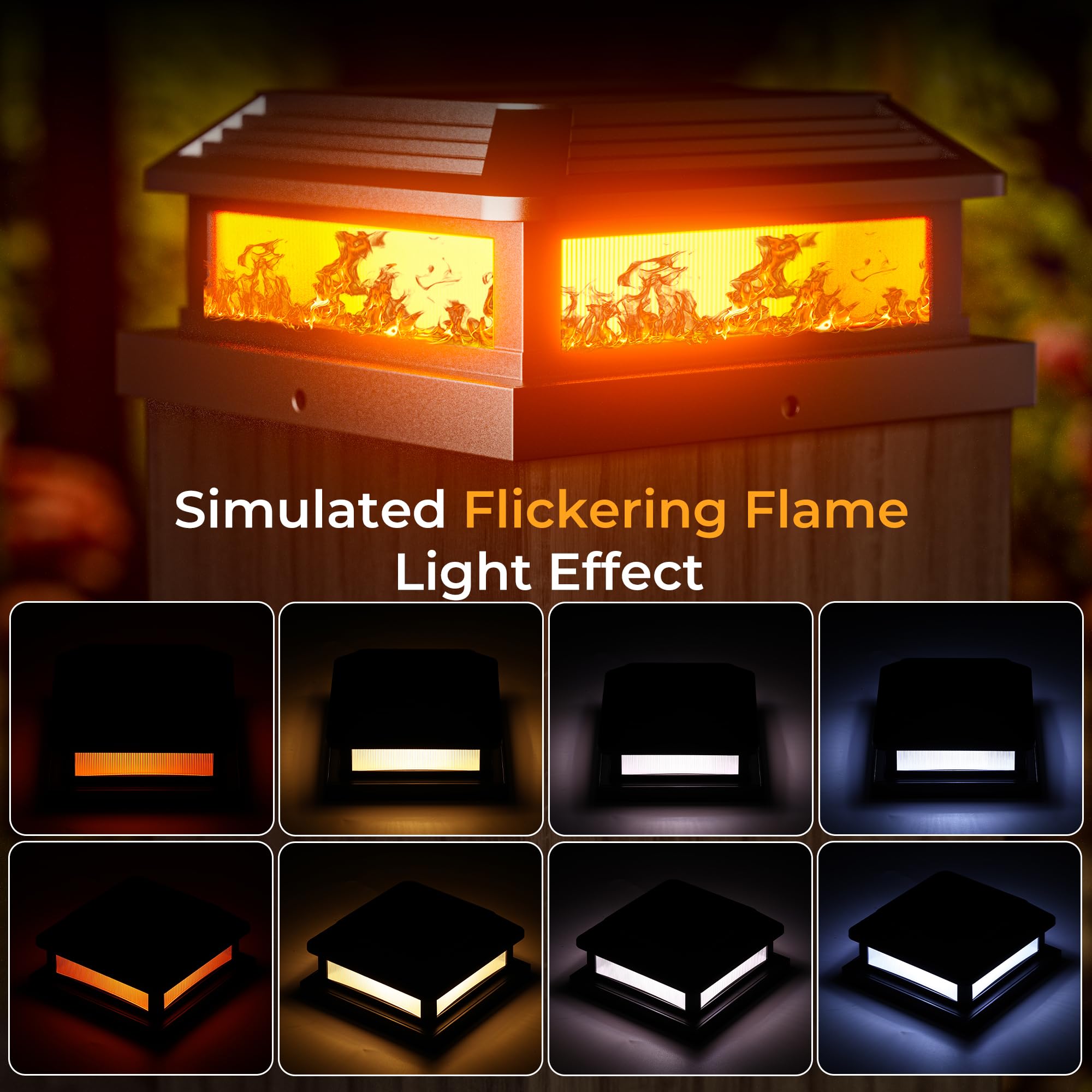 Quntis Zestaw 4 lamp solarnych na słupki ogrodzeniowe, lampy ogrodowe typu Flame z 5 trybami świecenia, lampy solarne na słupki o wymiarach – taras, patio, do ogrodu, podwórko, werandę i ścieżki