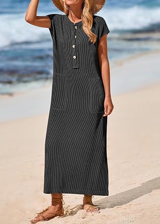 KIRUNDO Womens Summer Ribbed Knit Short Sleeve Maxi Dress