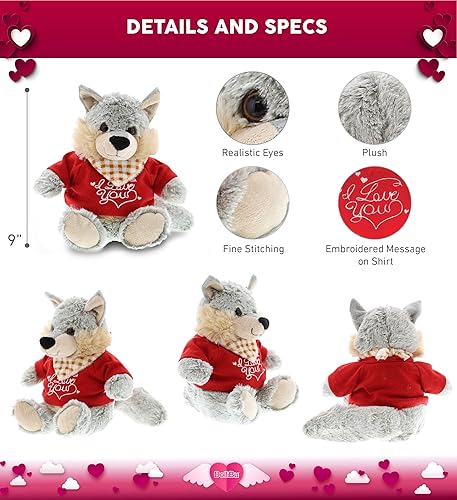 Miniatura 2 de DolliBu Peluche de lobo gris "I Love You Sitting - Lindo animal de peluche con camisa roja y con nombre personalizado para San Valentín,