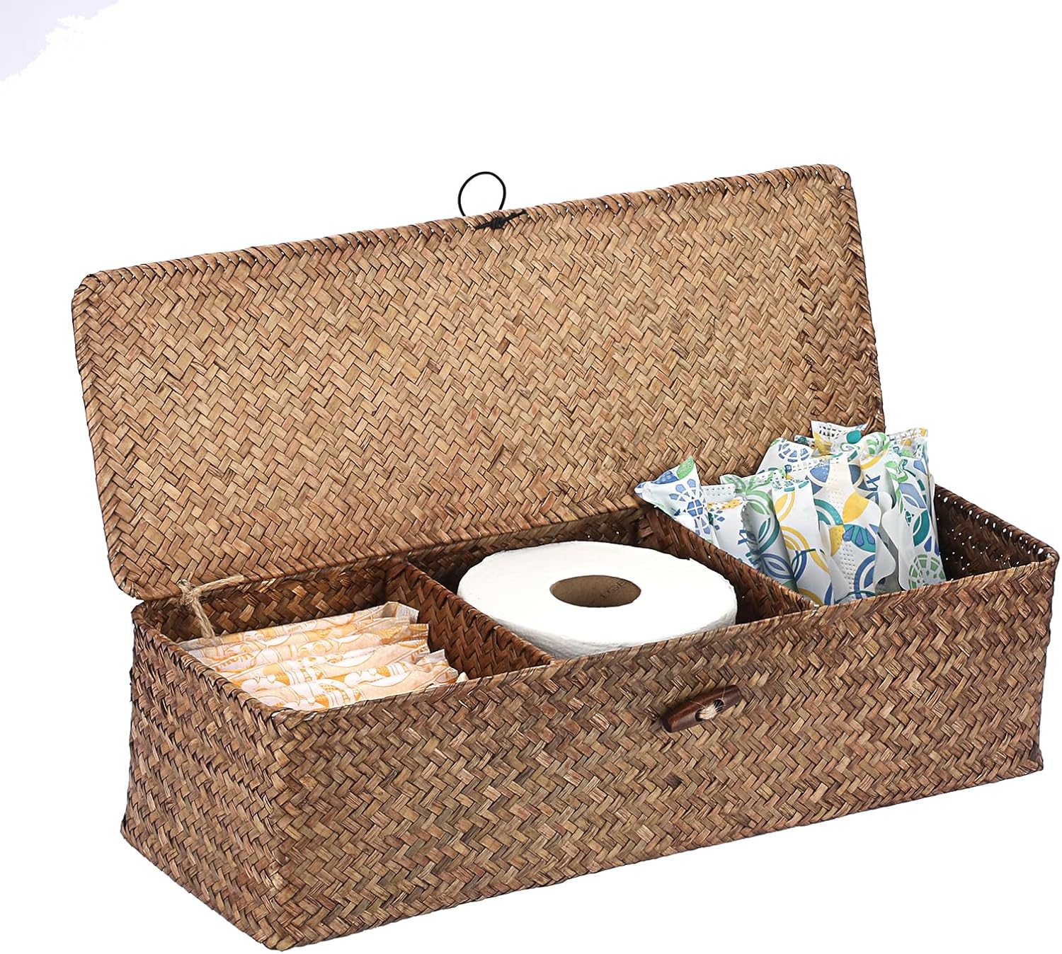 Sumnacon Extended Seagrass Storage Basket with Lid 3-Section Wicker Storage Basket,Small Woven Shelf Basket for Toiletries Tampon Storage,Seagrass Basket for Shelf Bathroom Toilet Counter,Caramel