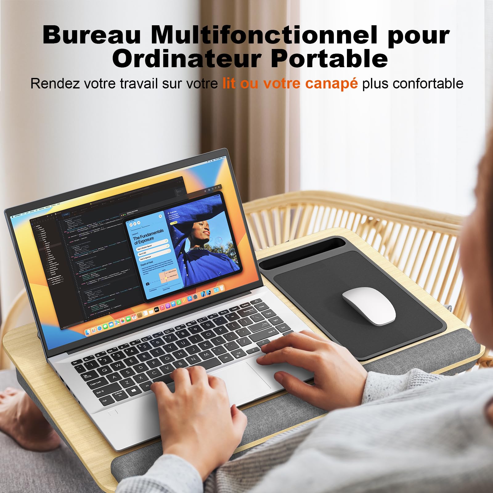 PUTORSEN Bureau Portable pour Ordinateur Portable jusqu'à 17,3 Pouces avec Coussin d'oreiller et Tapis de Souris, Jaune