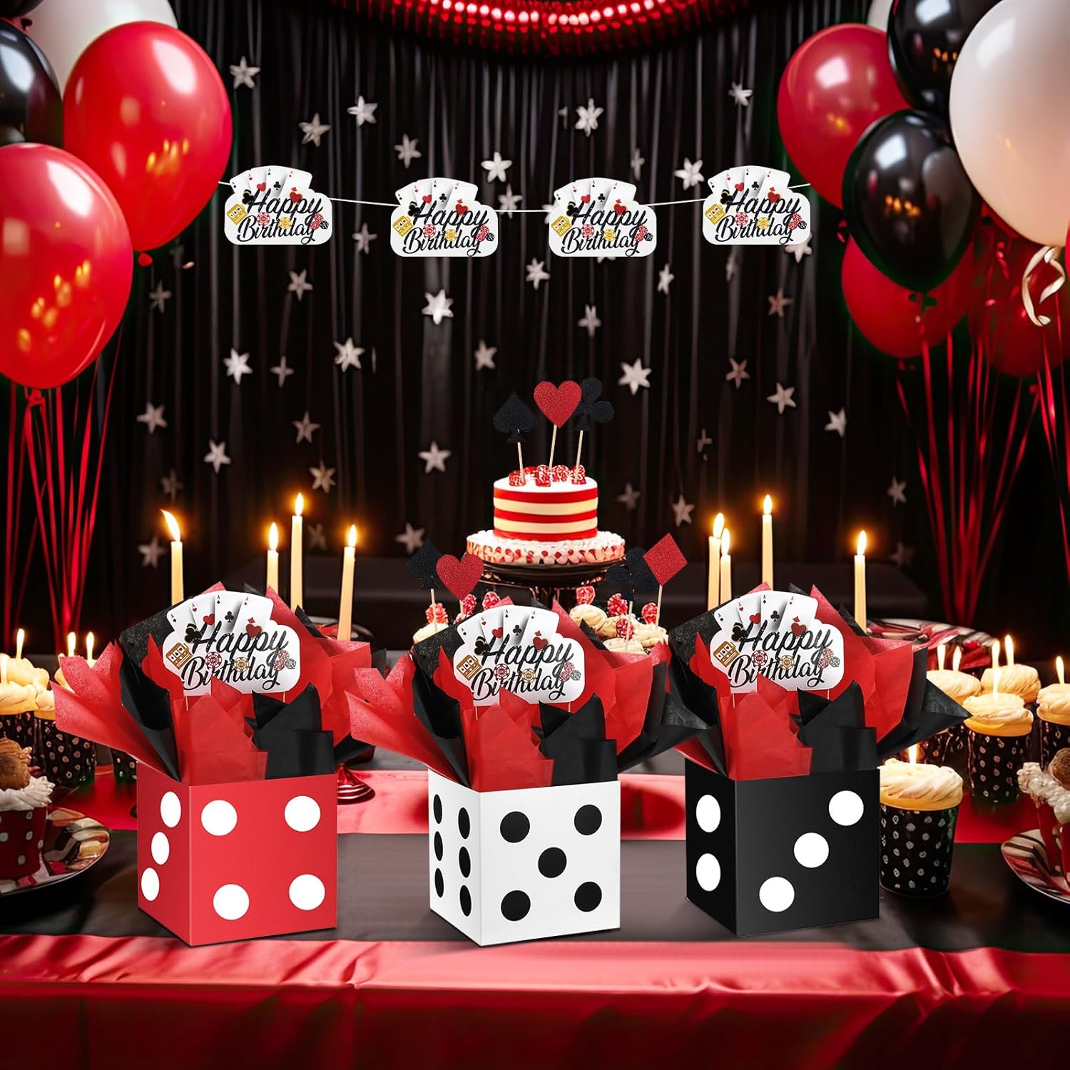9 Set Casino Theme Birthday Party Decorations for Table Centerpiece with Dice Box Poker Cutouts Sticks Black and Red Tissue Paper for Game Night Party Decoration