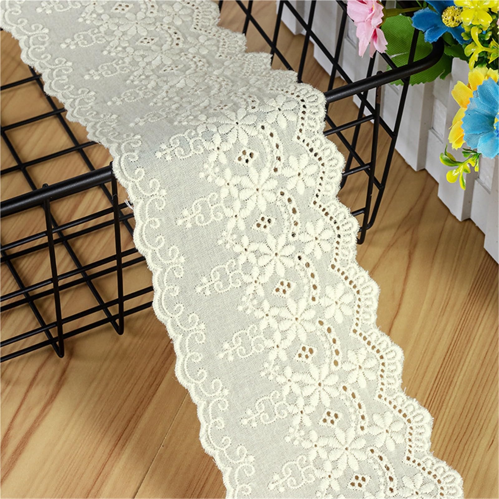 Cinta De Encaje De Algodón Con Ojales Adorno de encaje bordado algodón puro, 5 yardas, 8CM ancho, ropa mujer, vestido, accesorios tela for costura Diy(Beige,14.5-15Yards)