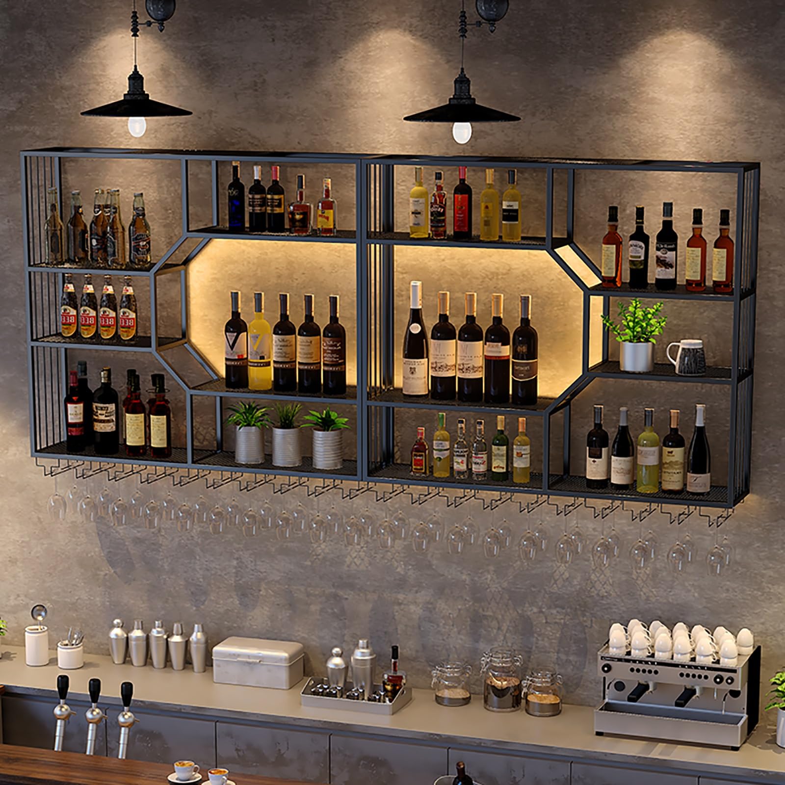 Botellero de pared LED, estante decorativo de metal para botellas y vasos, perfecto para cocina, bodega de vino o bar, soporte integrado para botellas y posavasos (86.6 pulgadas)