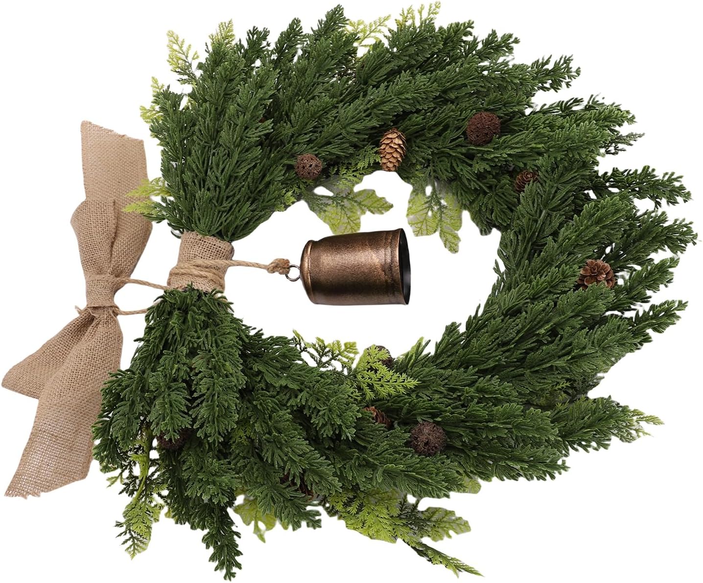 19.7 Cedar Wreath for Front Door Window Porch, Artificial Xmas Wreath with Rustic Cow Bell and Linen Ribbon, Outdoor Indoor Home Farmhouse Wall Decor Winter Christmas