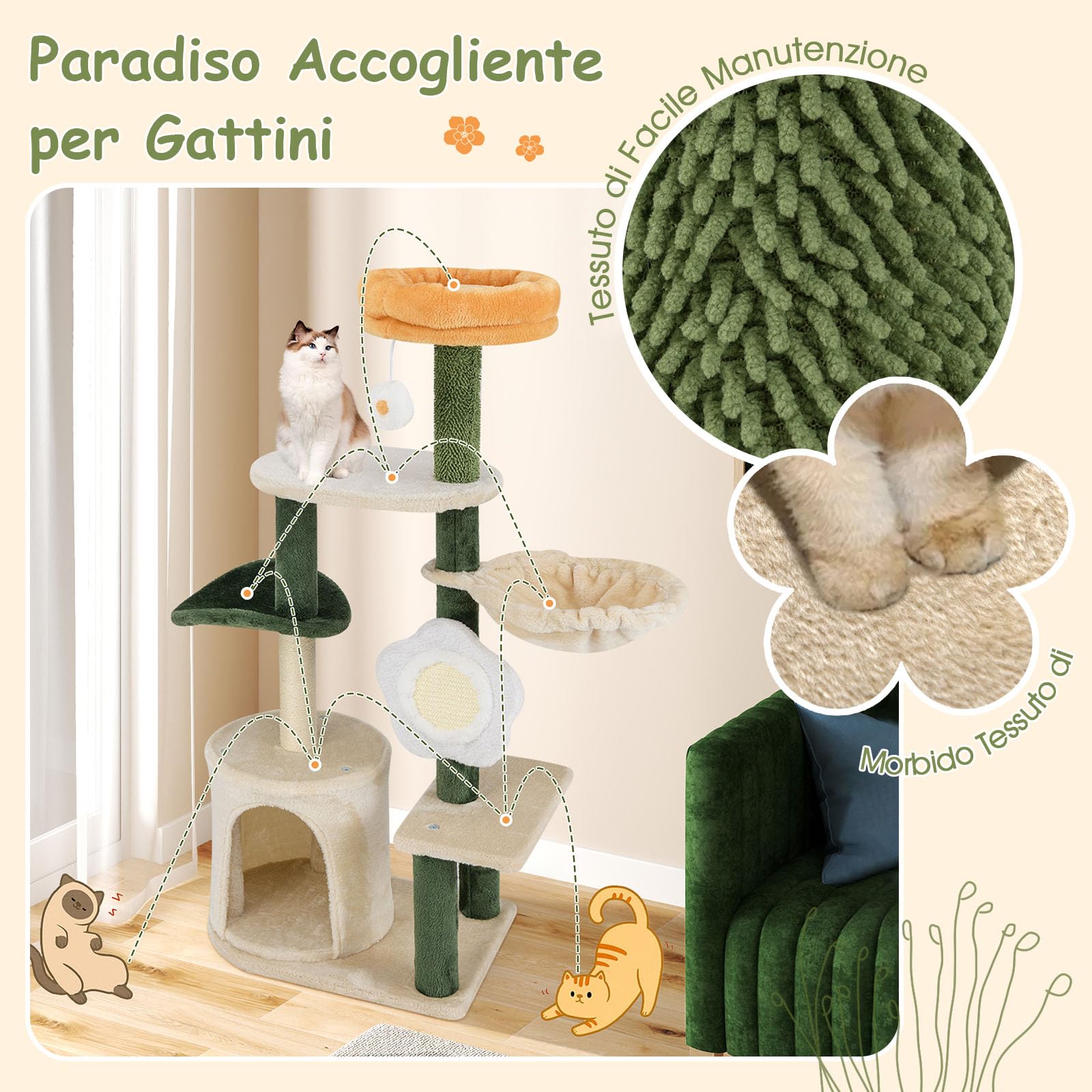 COSTWAY Tiragraffi per Gatto Alto 114 cm Forma di Fiore, Albero Tiragraffi Gatto con Amaca, Grotta e Palla Pompon, Torre Tiragraffi per Gatti con Pali e Tavola in Sisal, Verde e Beige