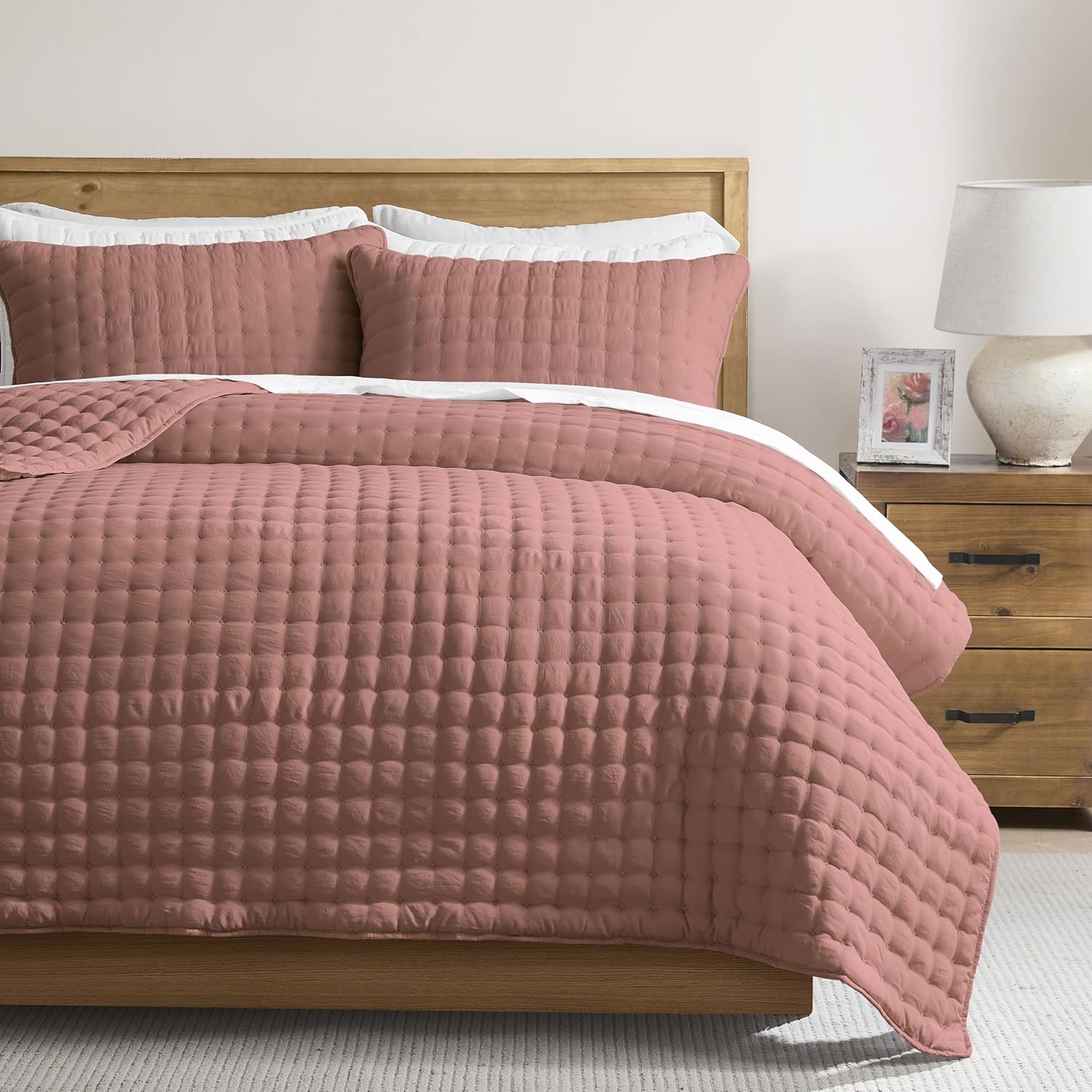 WDCOZY Queen Size Quilts Bedding Sets with 2 Pillow Shams, Lightweight Soft Bedspread Coverlet, Quilted Blanket Thin Comforter Bed Cover for All Season, 3 Pieces, 90x90 inches, Rose Red Rosewood Queen