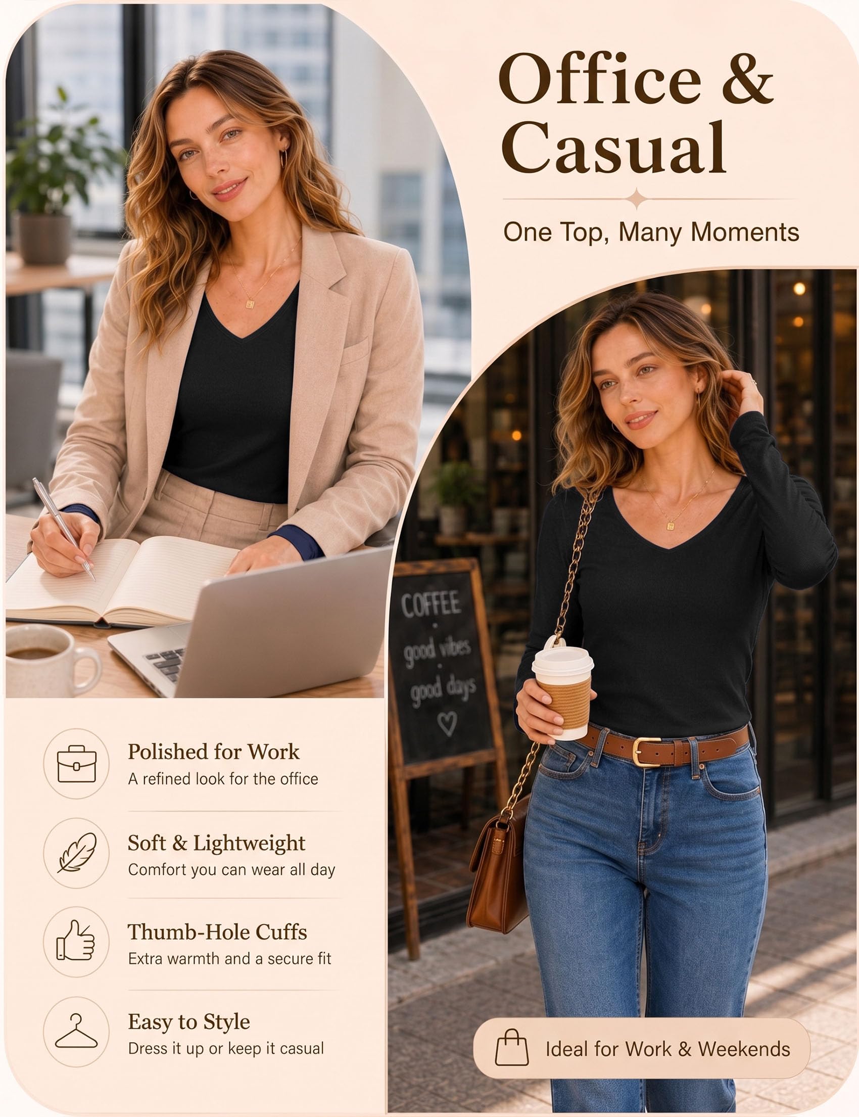 Haut Thermique Femme Col en V à Manches Longues avec Trous pour Les Pouces Basic Tee Shirt Léger Slim Fit sous-vêtement Thermique pour Hiver Automne