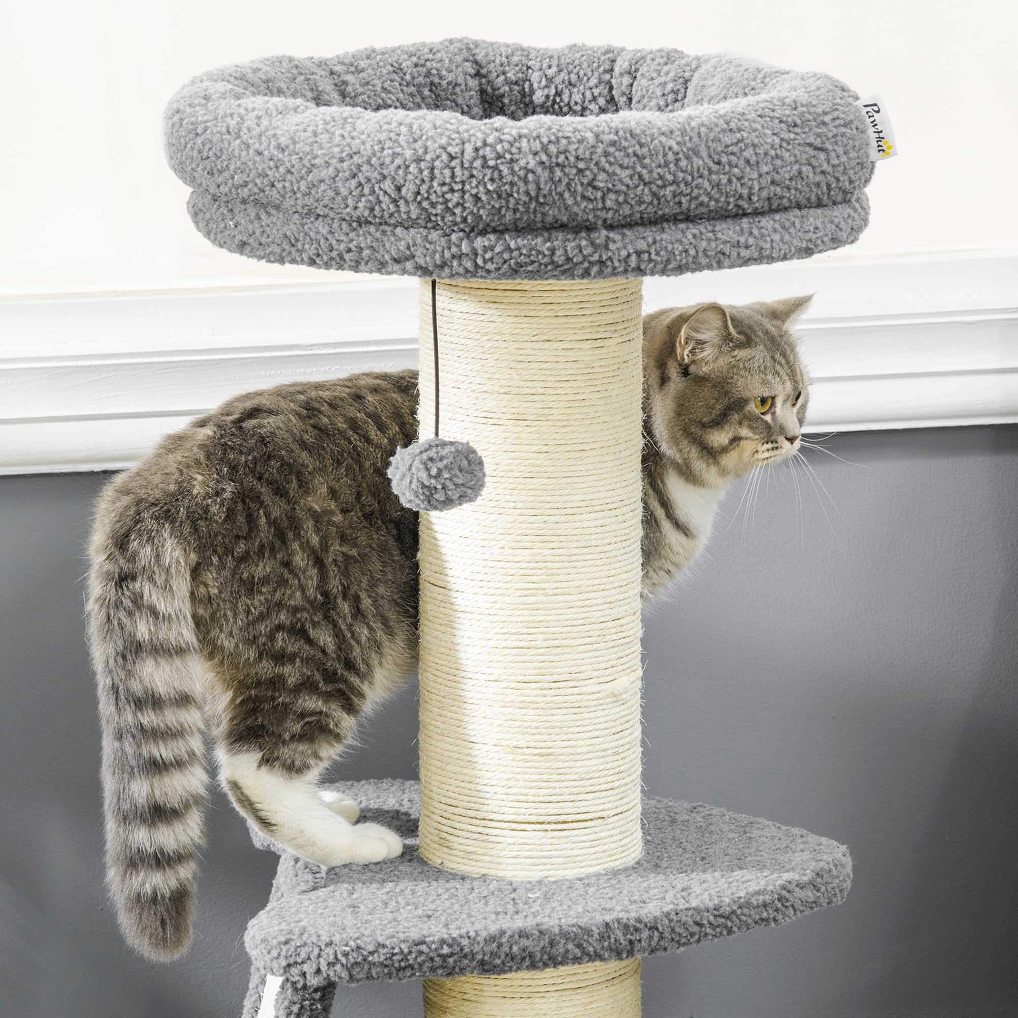 PawHut Torre per Gatti Tiragraffi con Palline e Posatoi, per Gatti max 5kg, in Truciolato, Sisal e Finto Vello d'Agnello, 48x48x92 cm, Grigio e Bianco