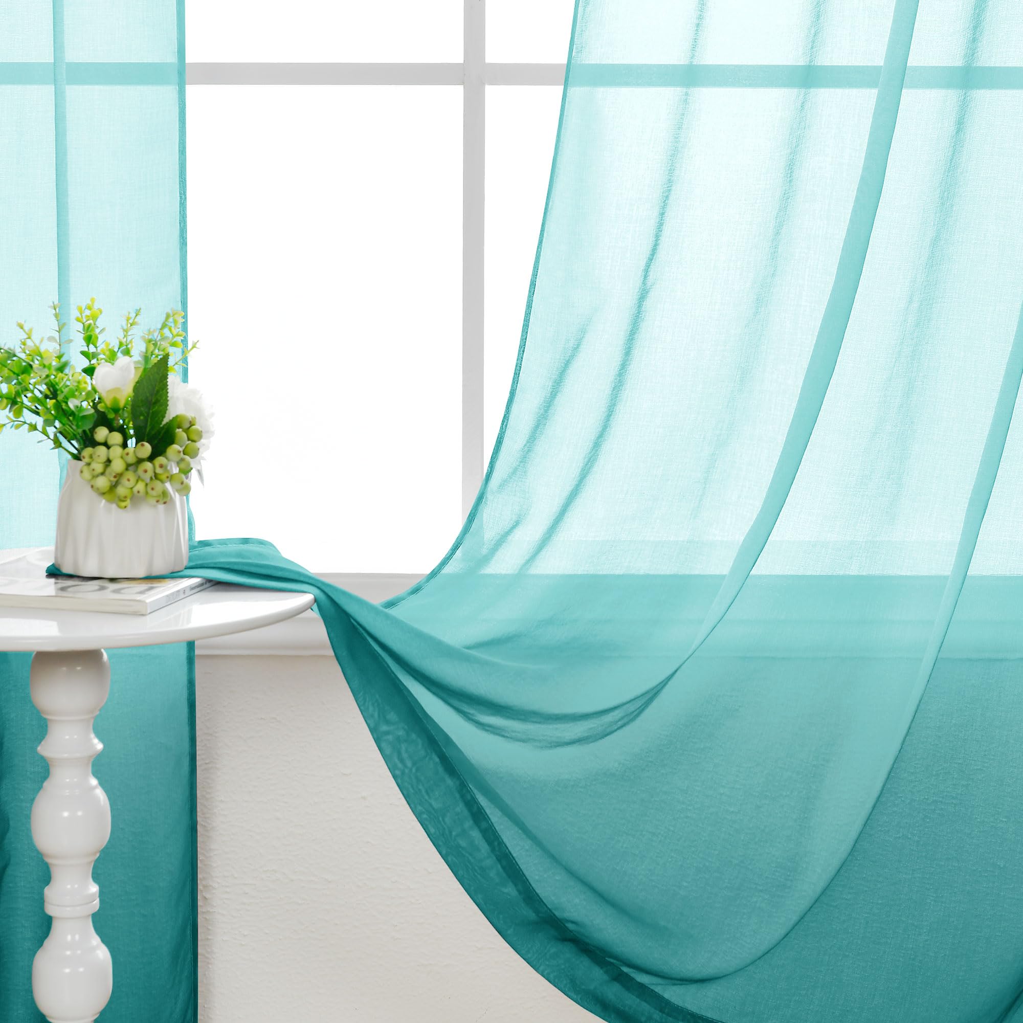 Hiasan Lot de 2 Voilages Rideaux Dégradé à Oeillet de Fenêtre en Polyester de Couleur Changée Voile Ombre Demi-Transparent Décor pour Salon Chambre Bureau，140x145cm Bleu Vert