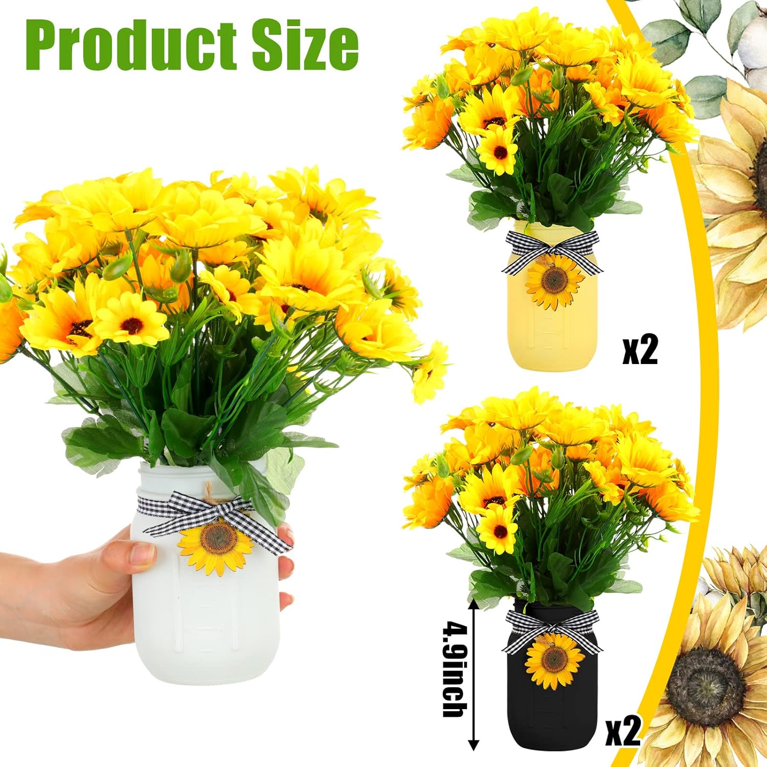 Lyrow 6 Pack Mason Jar Table Centerpiece Faux Christmas Berry Sunflower Lemon and Bell Kitchen Spring Summer Winter Farmhouse Decoration for Home Kitchen Tiered Tray Decoration(Sunflower Style)