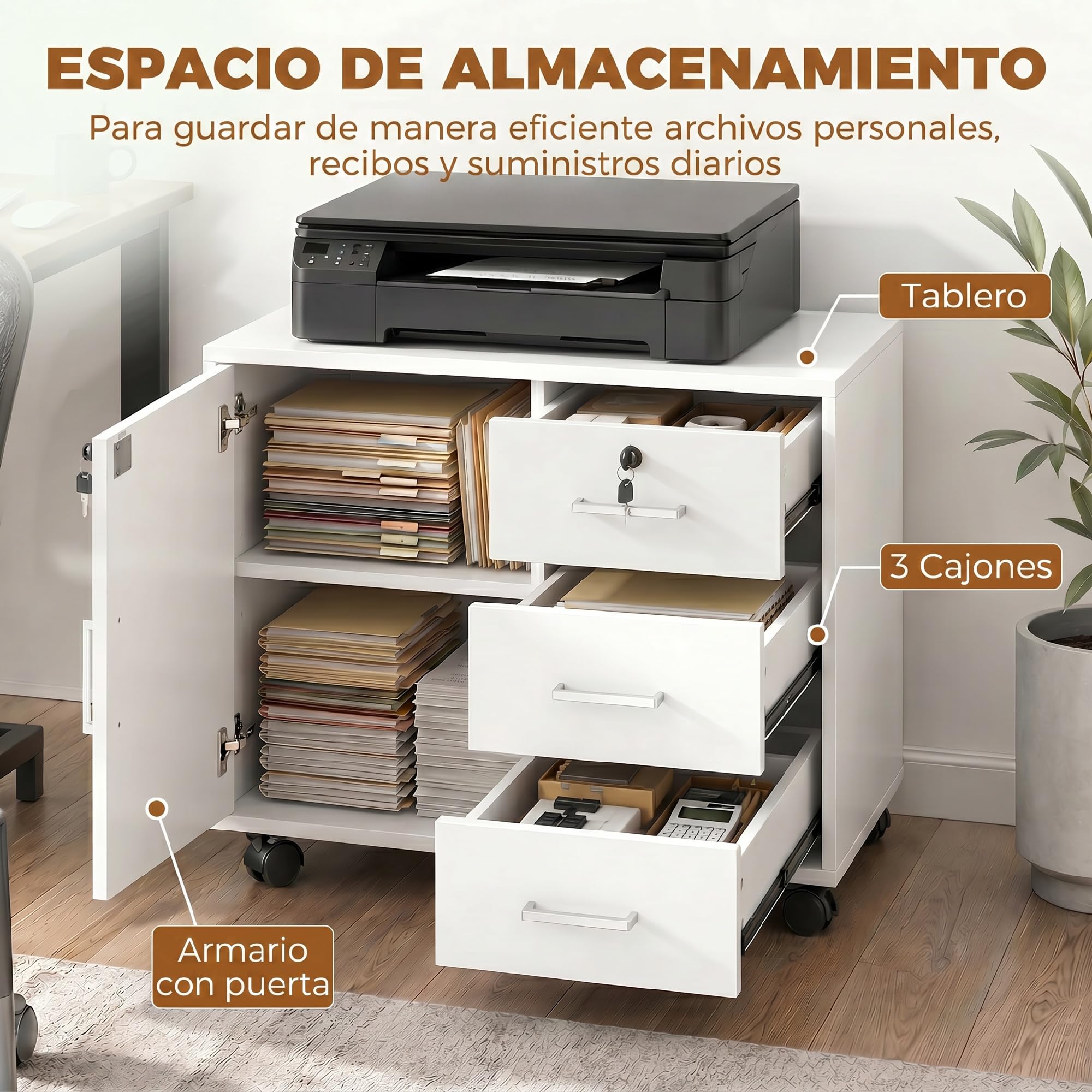 HOMCOM Mueble para Impresora con Ruedas Puerta 60x40x56 cm Blanco | Mesa para Impresora, 3 Cajones, Cerraduras, Estante Ajustable, Archivador Móvil para Oficina en Casa