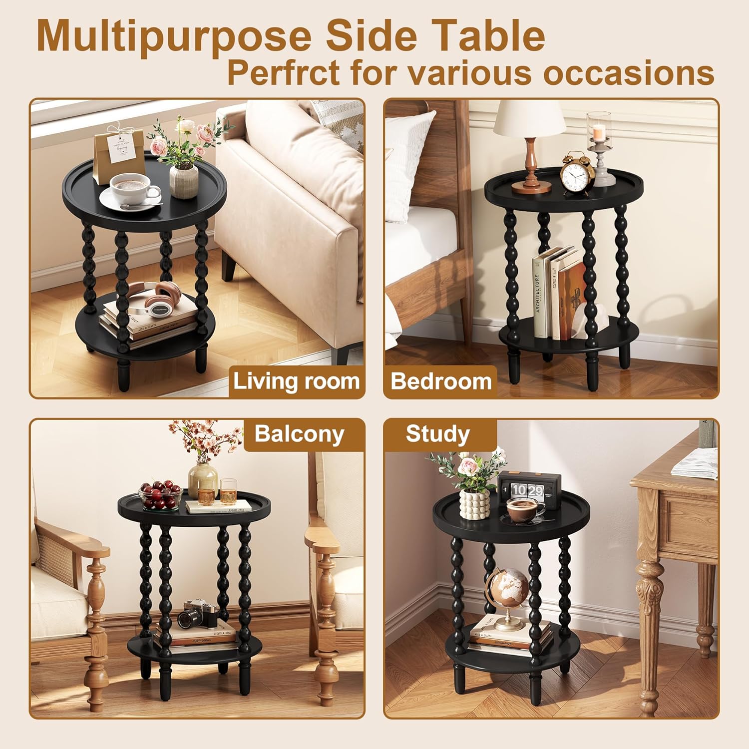 Round Side Table with Storage Shelf, 2 Tier Accent End Table with Spindle Legs, Modern Nightstand Beside Table for Living Room, Bedroom, Office, Black