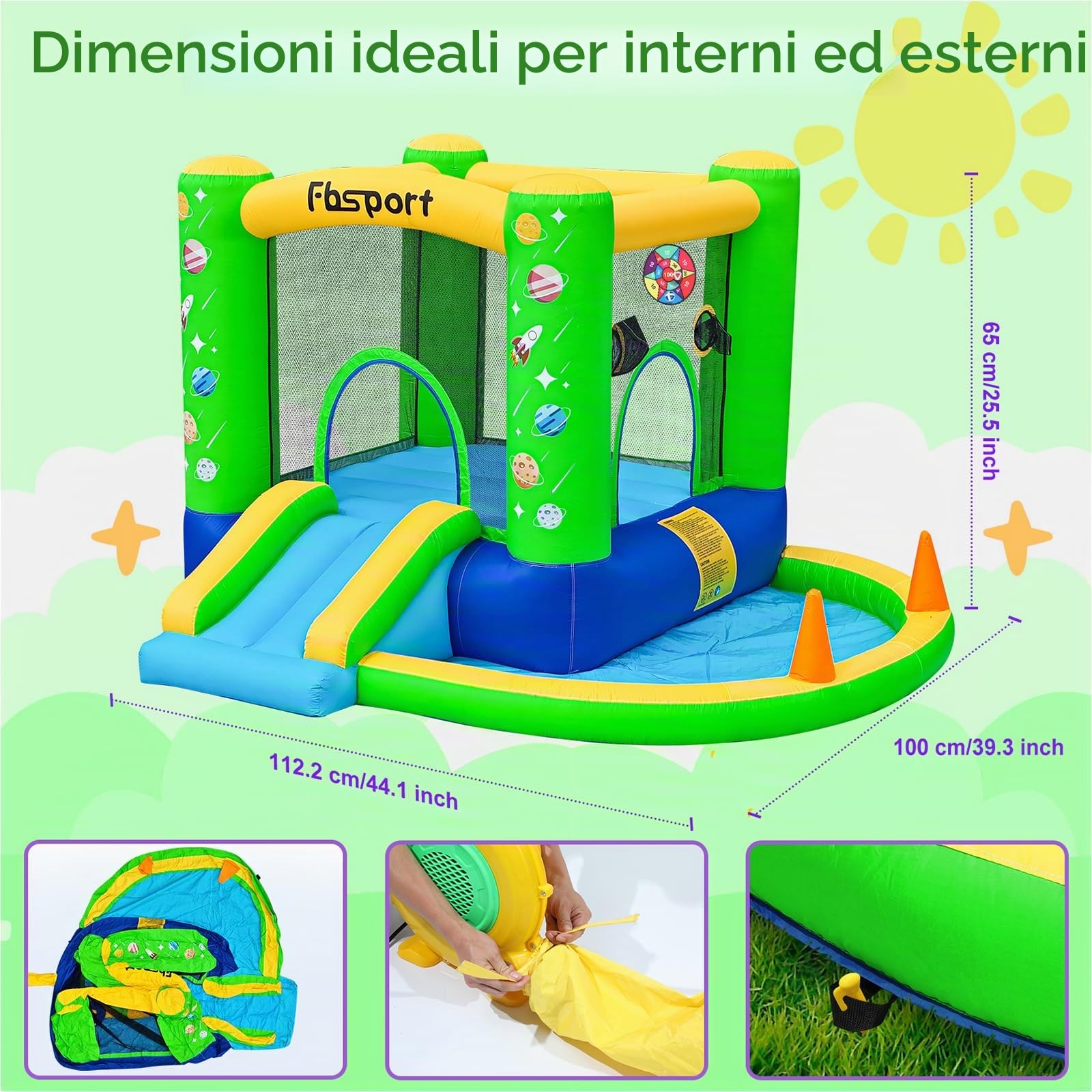 FBSPORT Castello Gonfiabile per Bambini con Ventilatore Piscina Gonfiabile con Scivolo Trampolino Piscina, Piscina di Palline oceaniche Parco Acquatico per Bambini