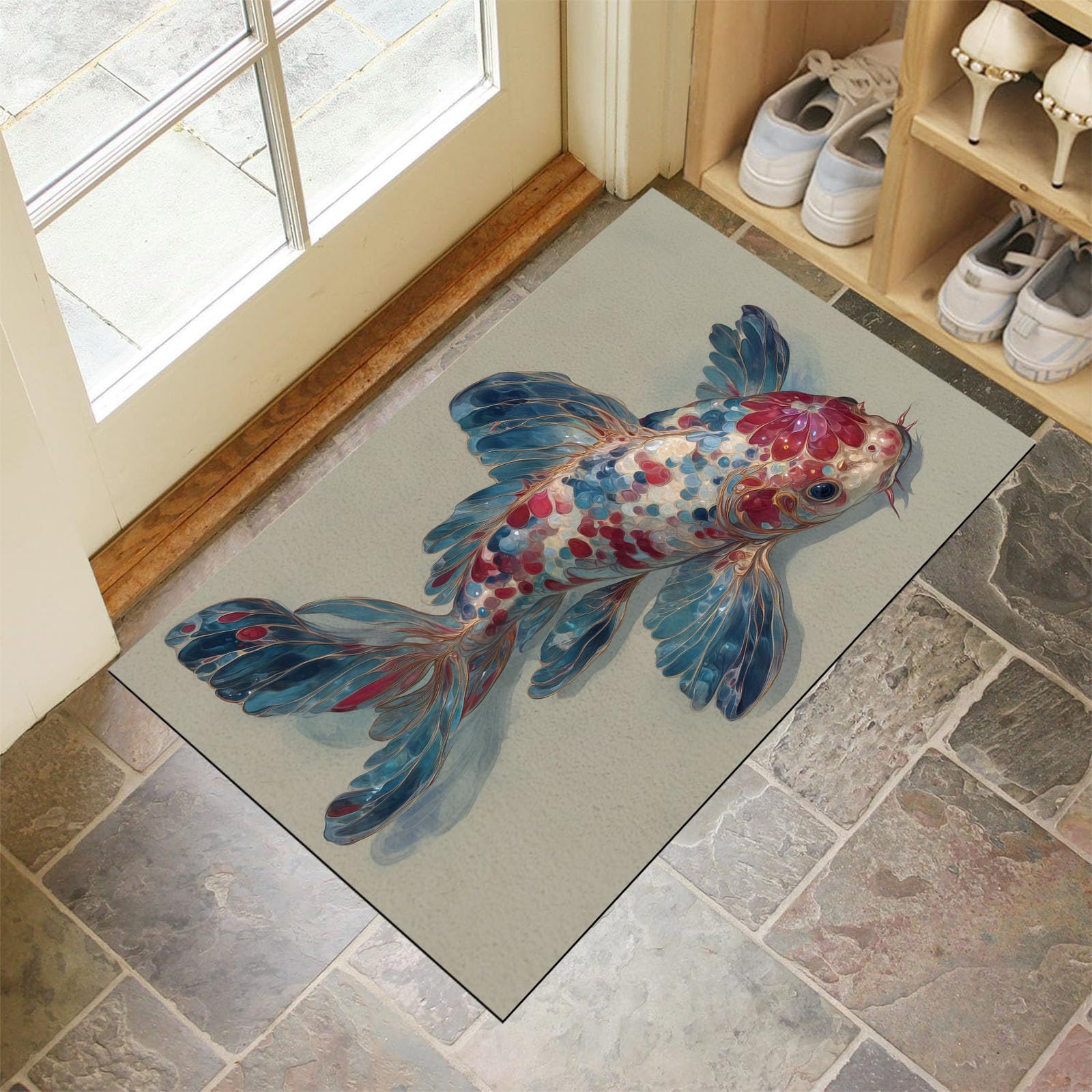 Tapis d'entrée intérieur 90x150 cm bleu avec motif carpe koï abstrait et lavable