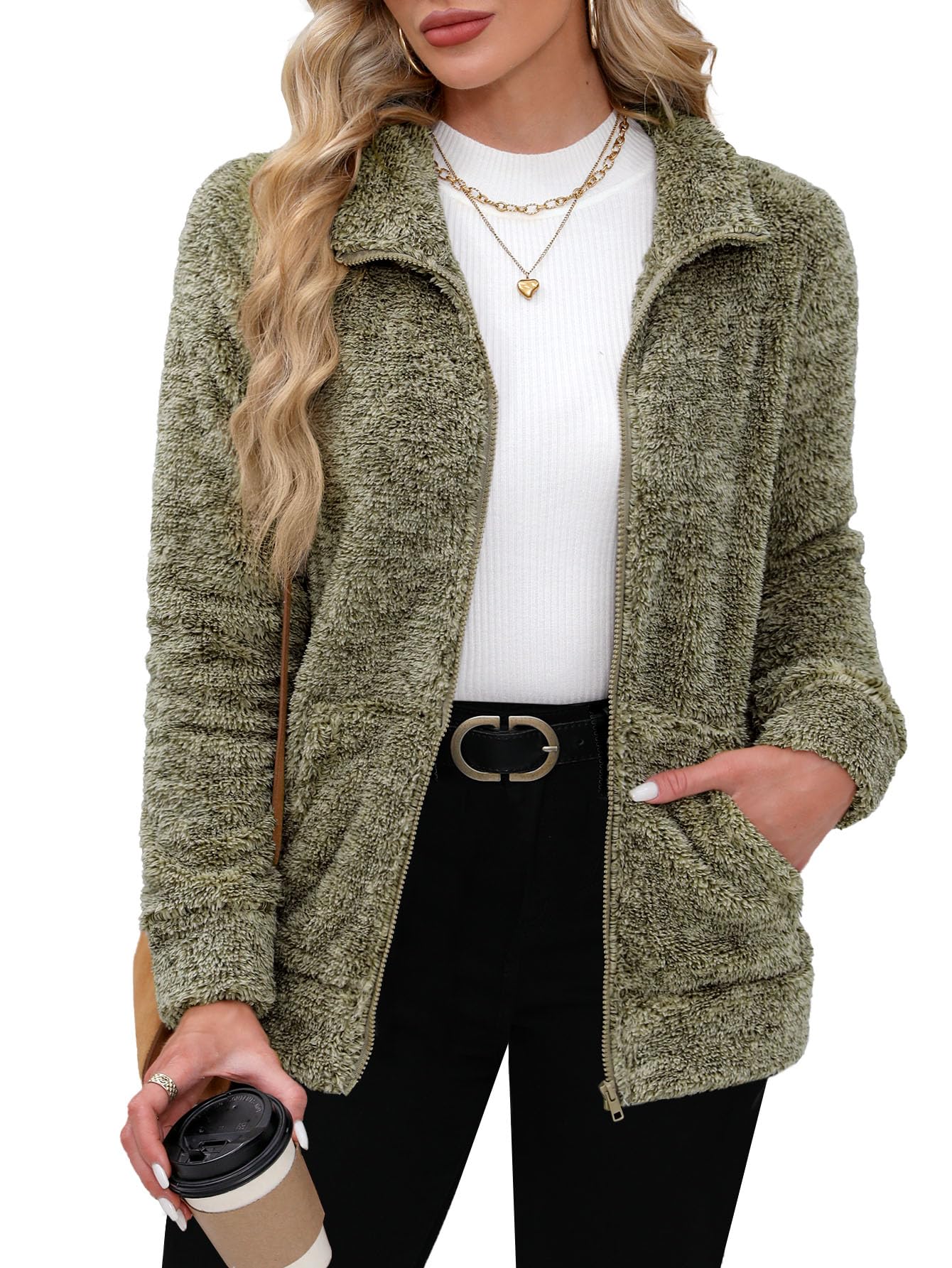 BesserBay Veste d'hiver chaude en polaire à col montant pour femme avec fermeture éclair intégrale S-XXL