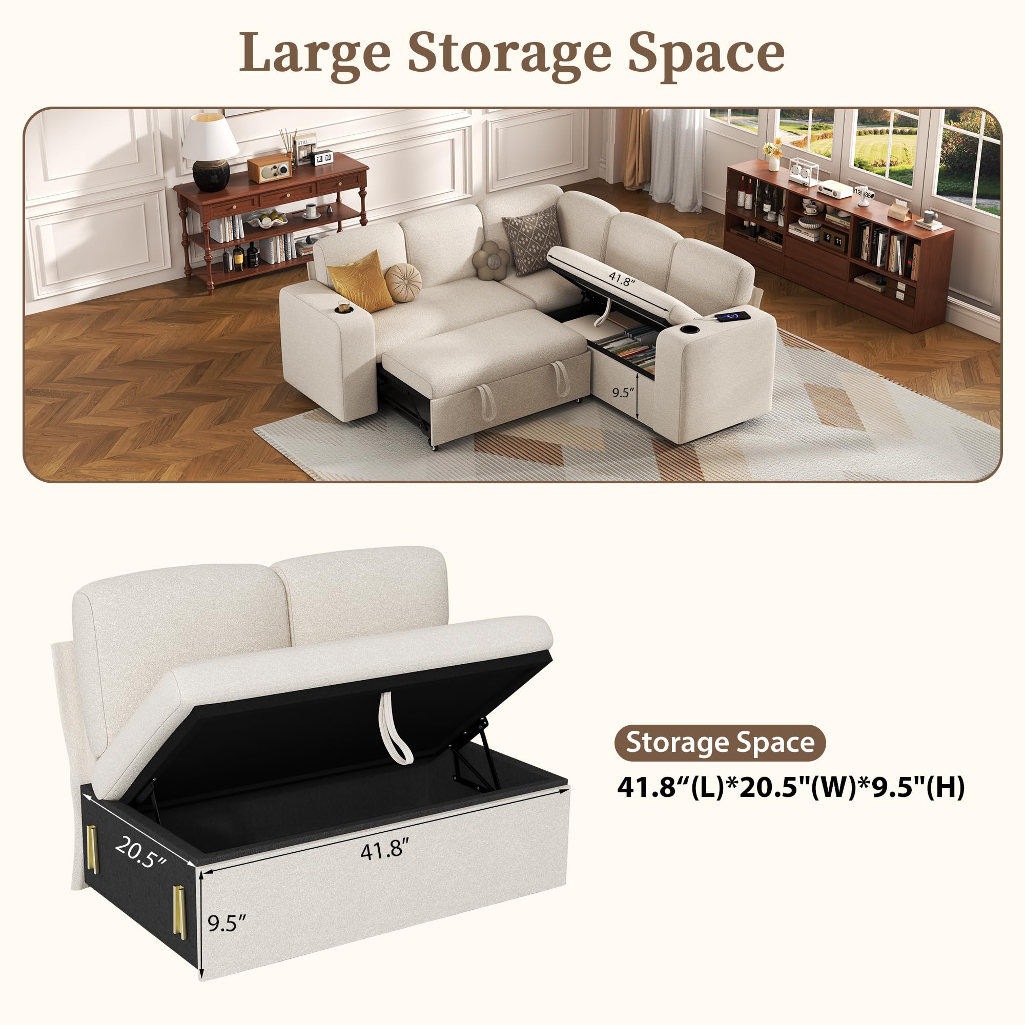 Sofá esquinero modular de 5 plazas en forma de L con función de cama, chaise longue con almacenamiento y puerto de carga USB, cama extraíble, respaldo ajustable, tela de cachemira, beige y