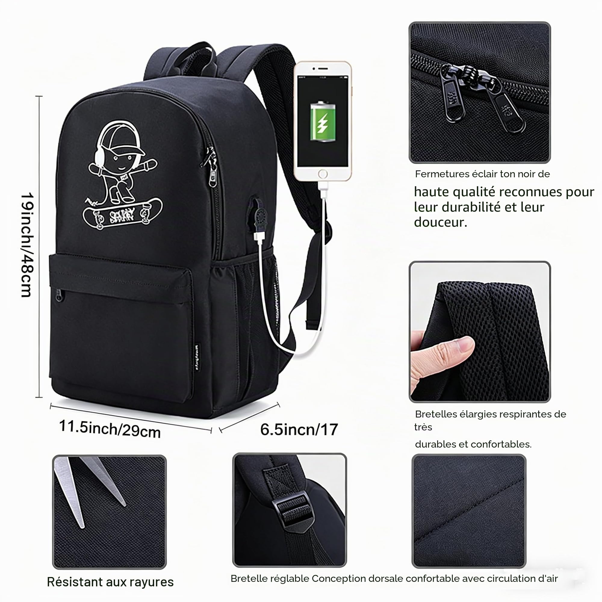 Sac à Dos Cartable Garcon Scolaire Sets de Sacs Scolaires Lumineux Port de Chargement USB Scolaire Ecole garçon Ado Sacs à Dos
