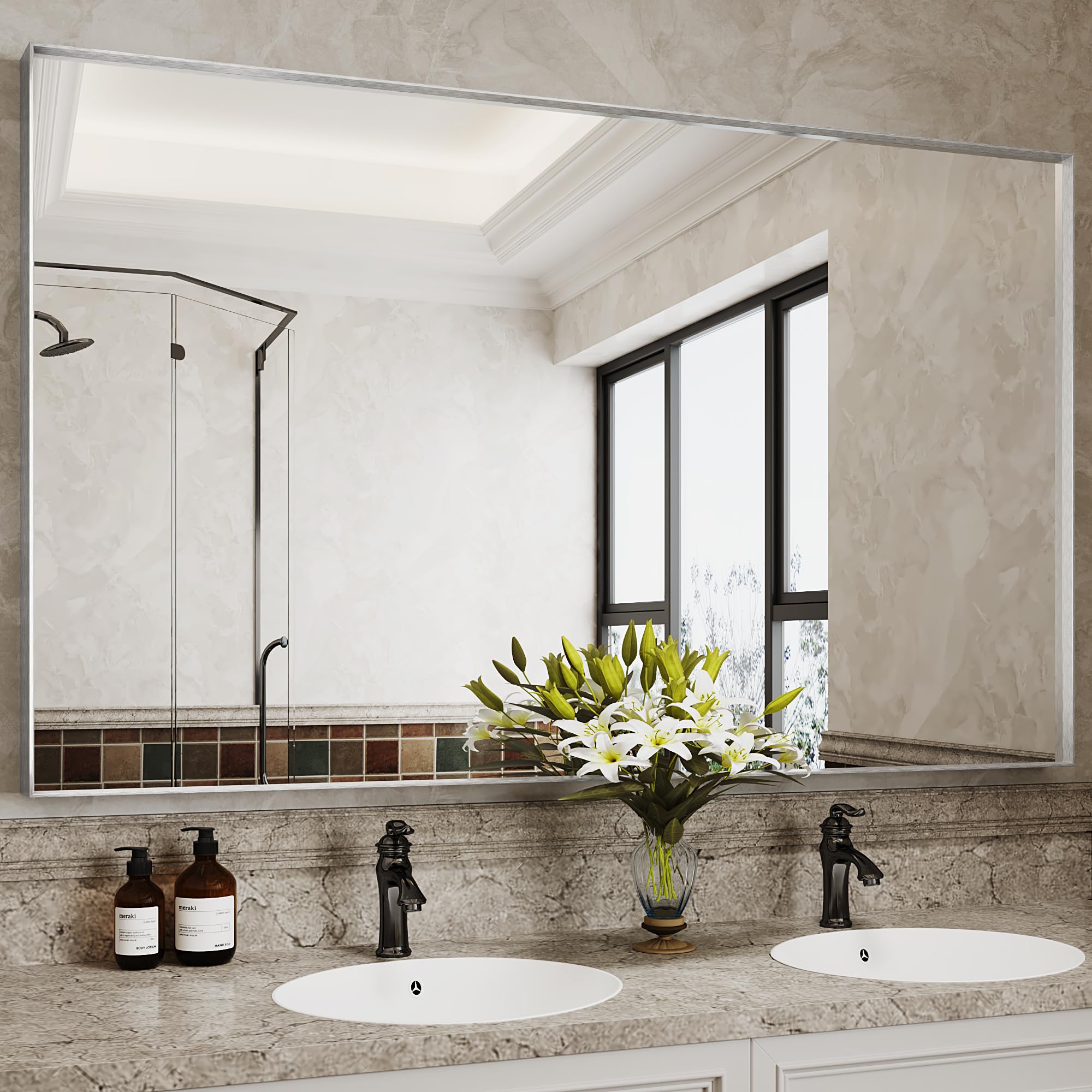 suidia bathroom mirror, 60" x 36" wall mirror metal framed, bathroom vanity mirror for living room bedroom bathroom entryway, silver, rect corner style