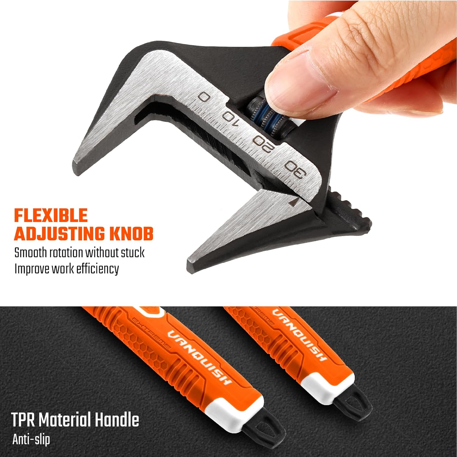VANQUISH 6 Inch Adjustable Wrench, 1-1/4” Wide Jaw Opening Plumbing Wrench, CR-V Steel, SAE and Metric Scale Marked, With Comfort Grip Handle and Hanging Hole (3151)